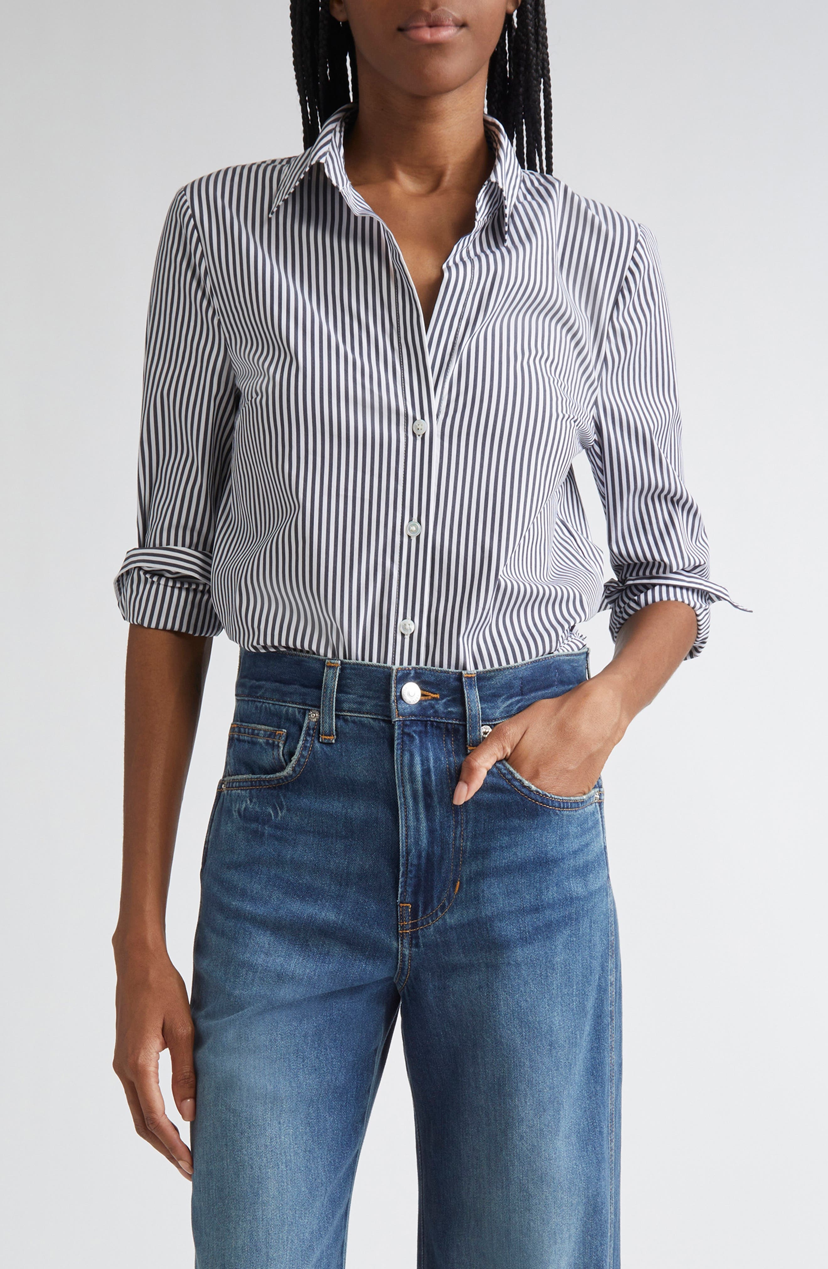 Veronica Beard Amelia Stripe Cotton Blend Button-Up Shirt in Navy White at Nordstrom - 1