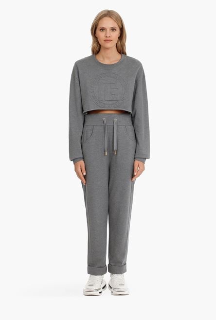 Cropped heather gray sweatshirt with embossed Balmain logo - 4