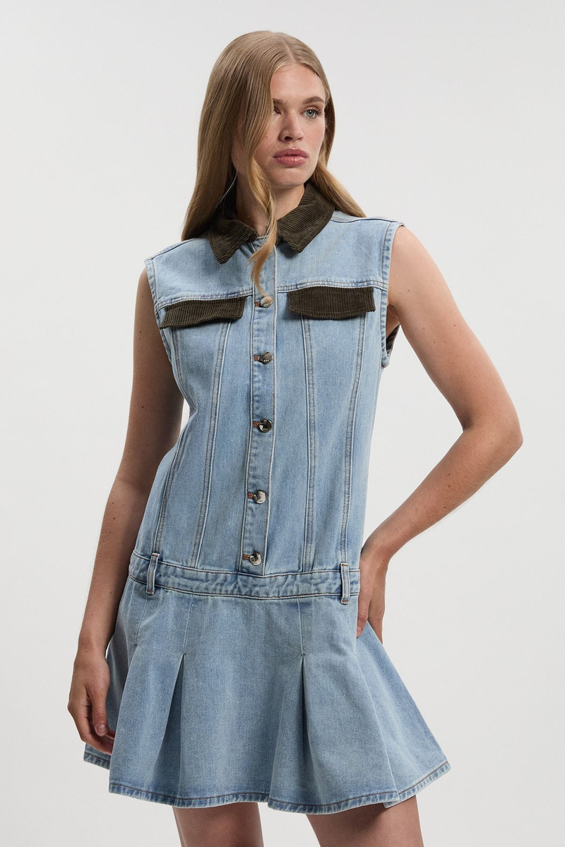 Denim and Cord Mix Mini Dress 1