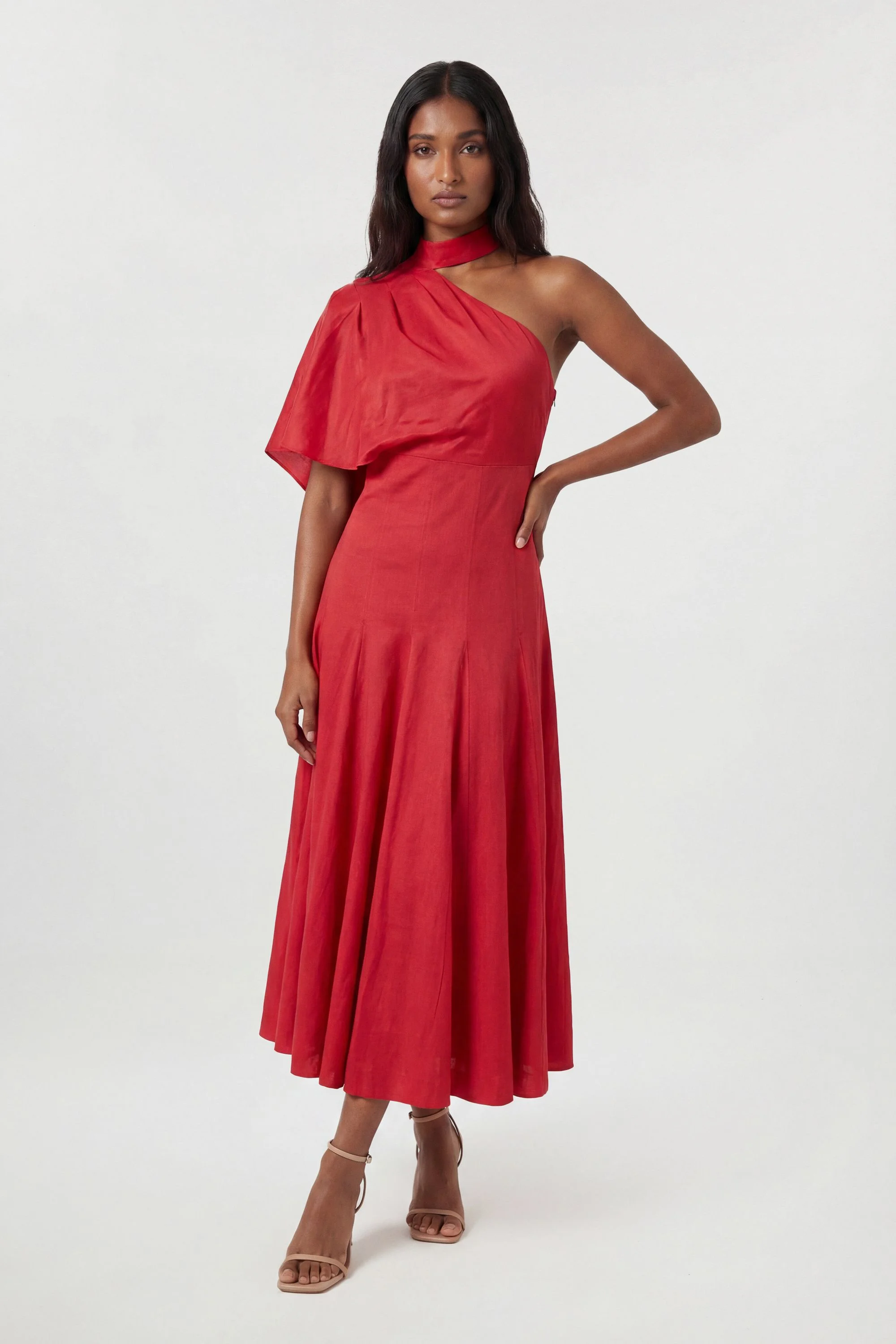 Premium Tailored Linen High Neck One Shoulder Full Midi Dress - 1