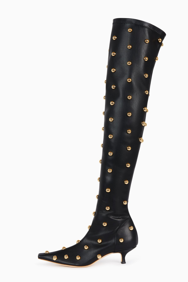 VERONICA BORCHIE STRETCH KNEE KITTEN HEEL BOOT BLACK GOLD 1