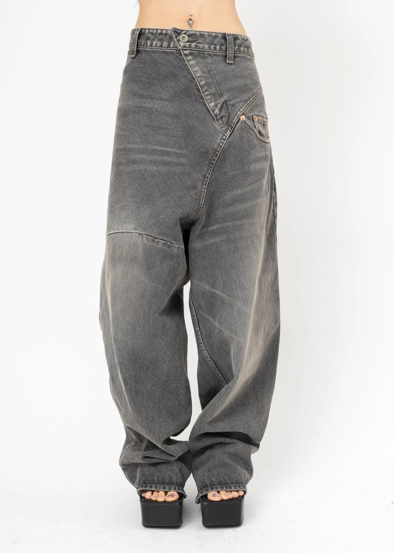 GREY DOUBLET DISTORTED CUTTING DENIM PANTS - 1