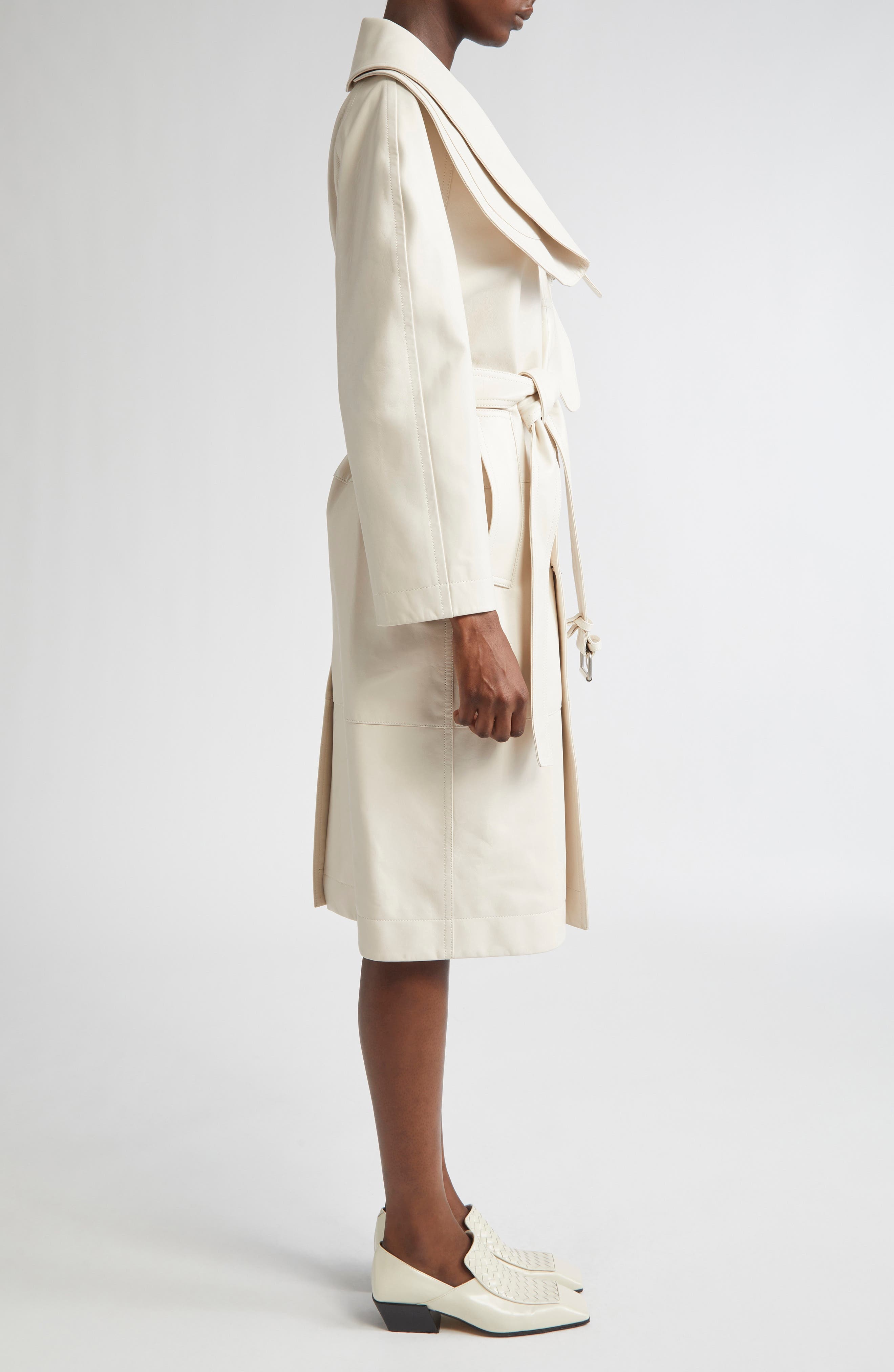 Bottega Veneta Double Breasted Leather Trench Coat in Pale Meringue at Nordstrom - 3