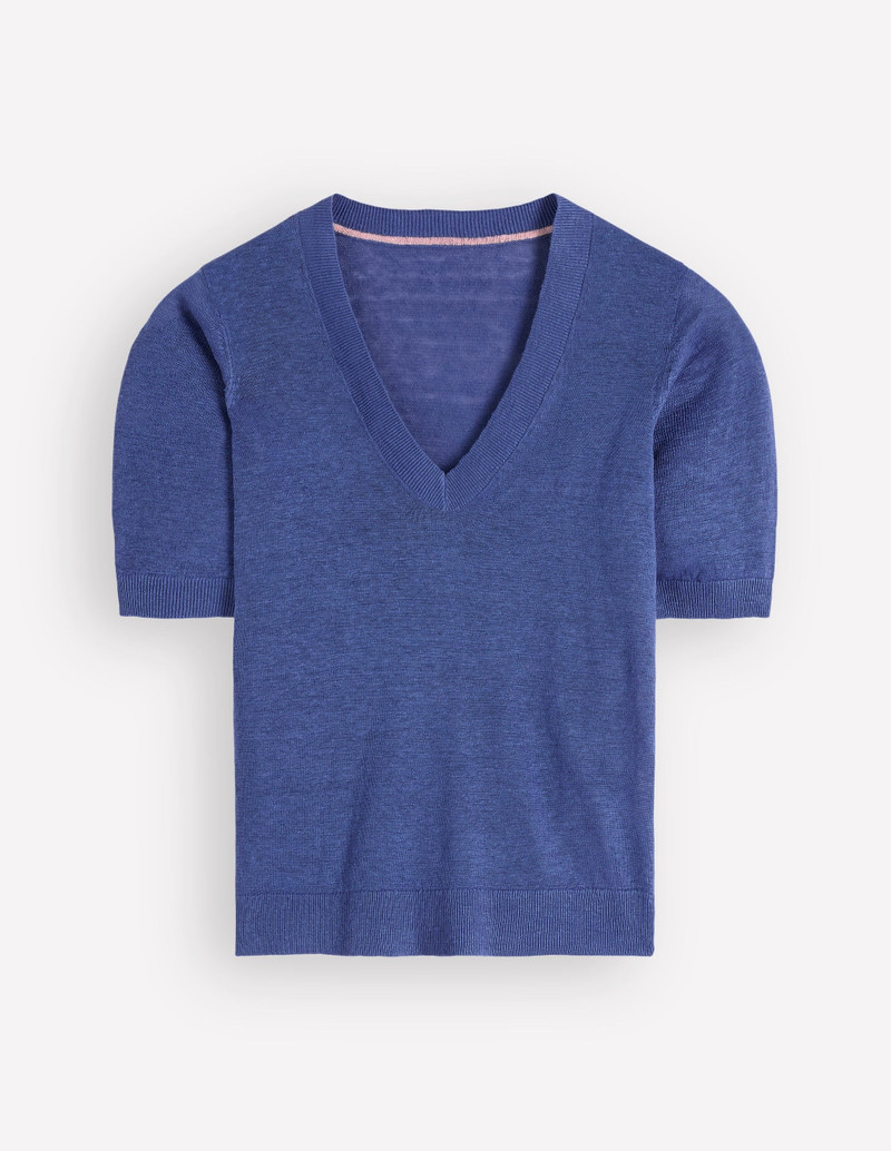 Agnes Linen V Neck T-Shirt-Solid Blue - 1