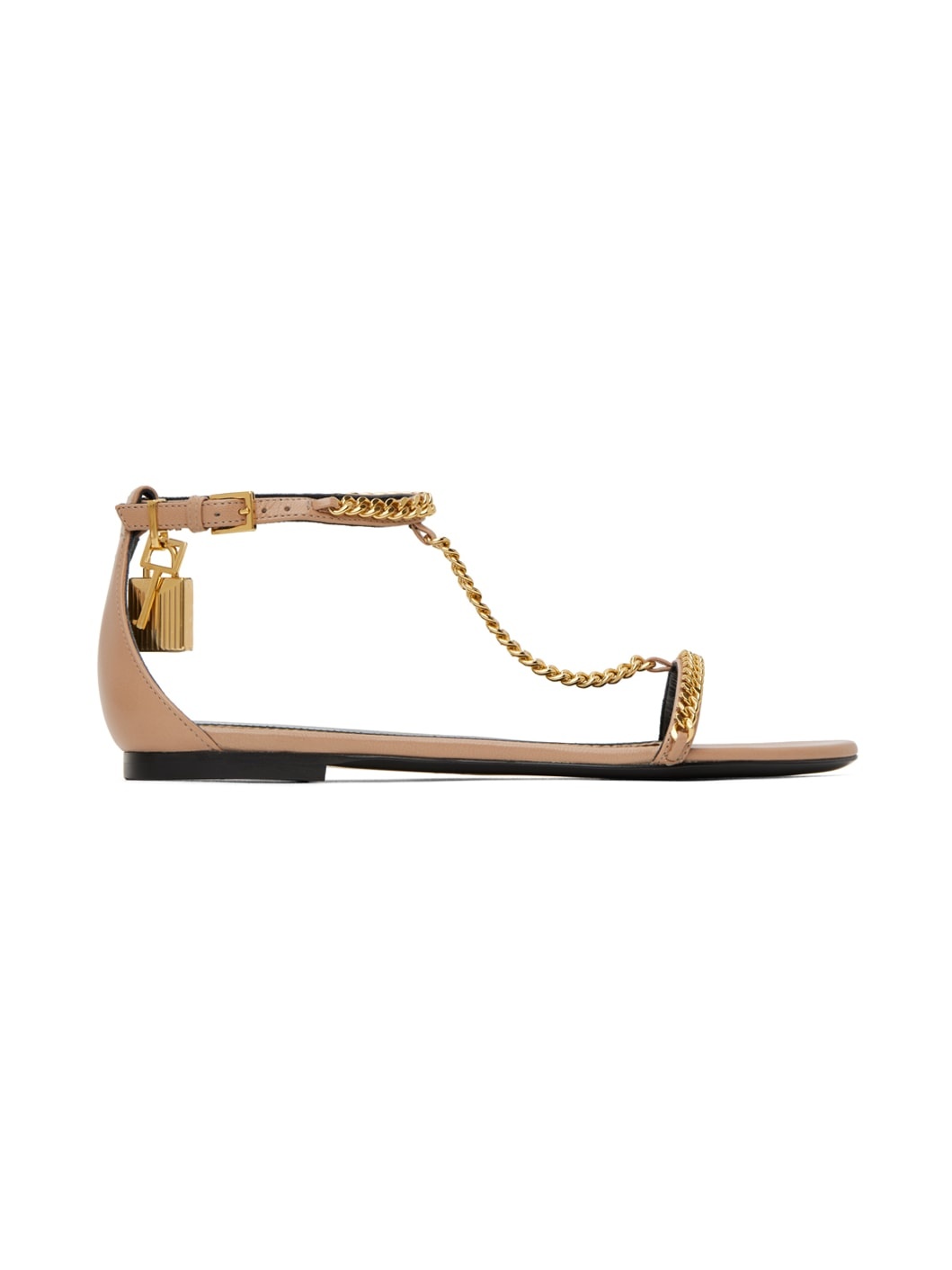 Beige Padlock Chain Flat Sandals - 1