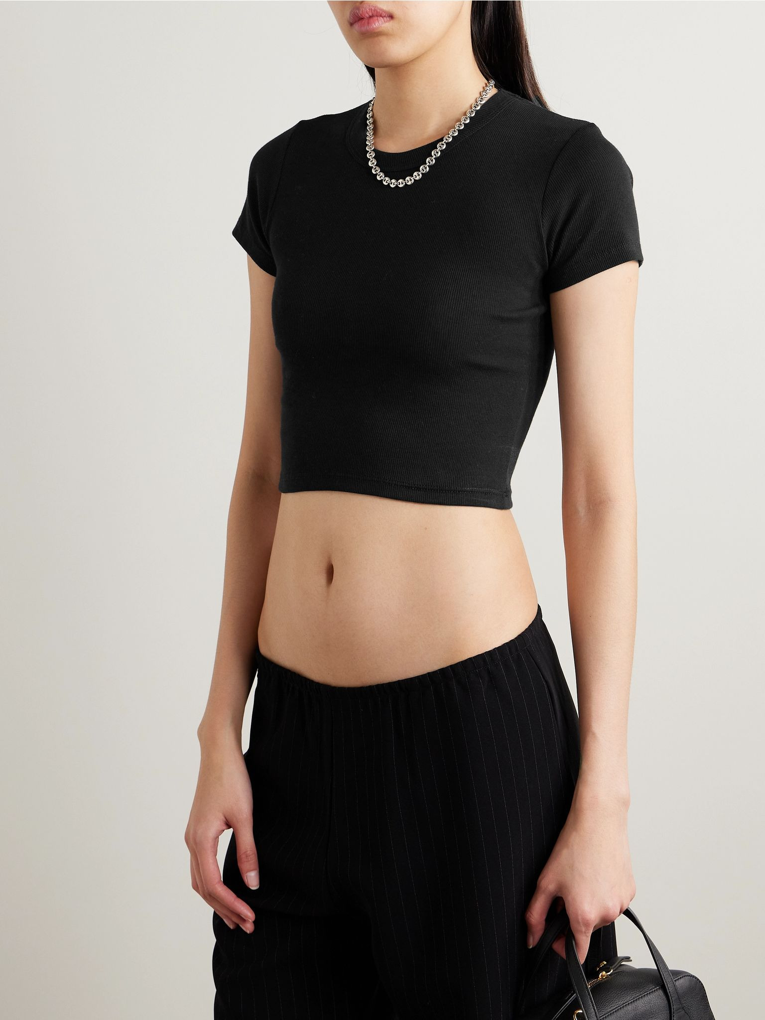 Kelly cropped ribbed stretch-cotton jersey T-shirt Black - 3