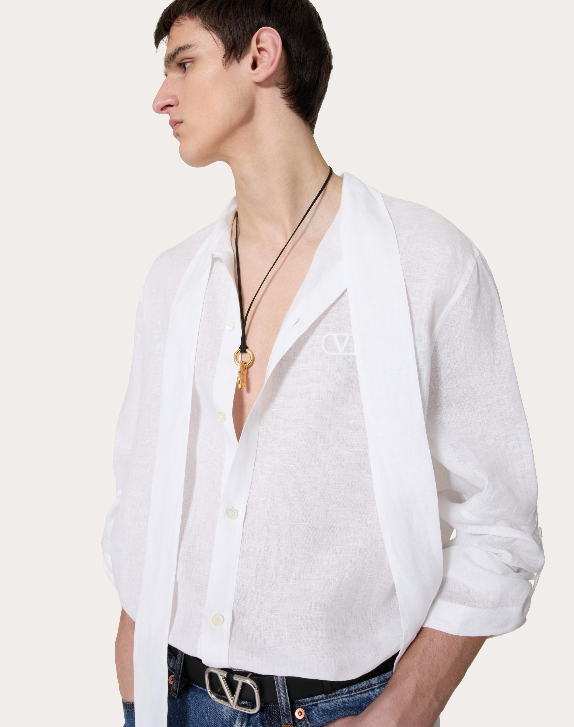 LINEN SHIRT WITH SCARF COLLAR AND SIGNATURE VLOGO EMBROIDERY - 5