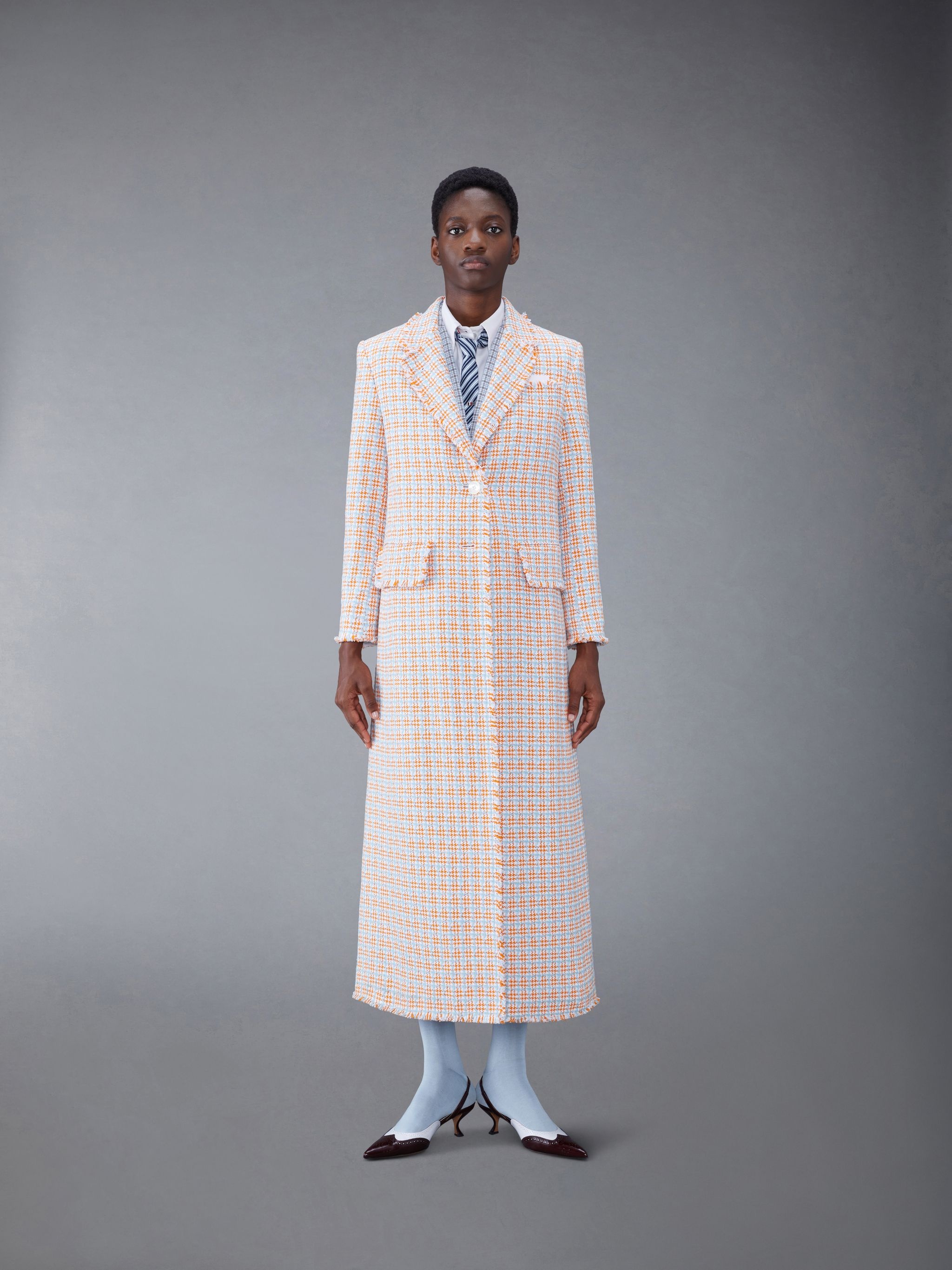 Check Summer Tweed Fray Wide Lapel Coat - 1