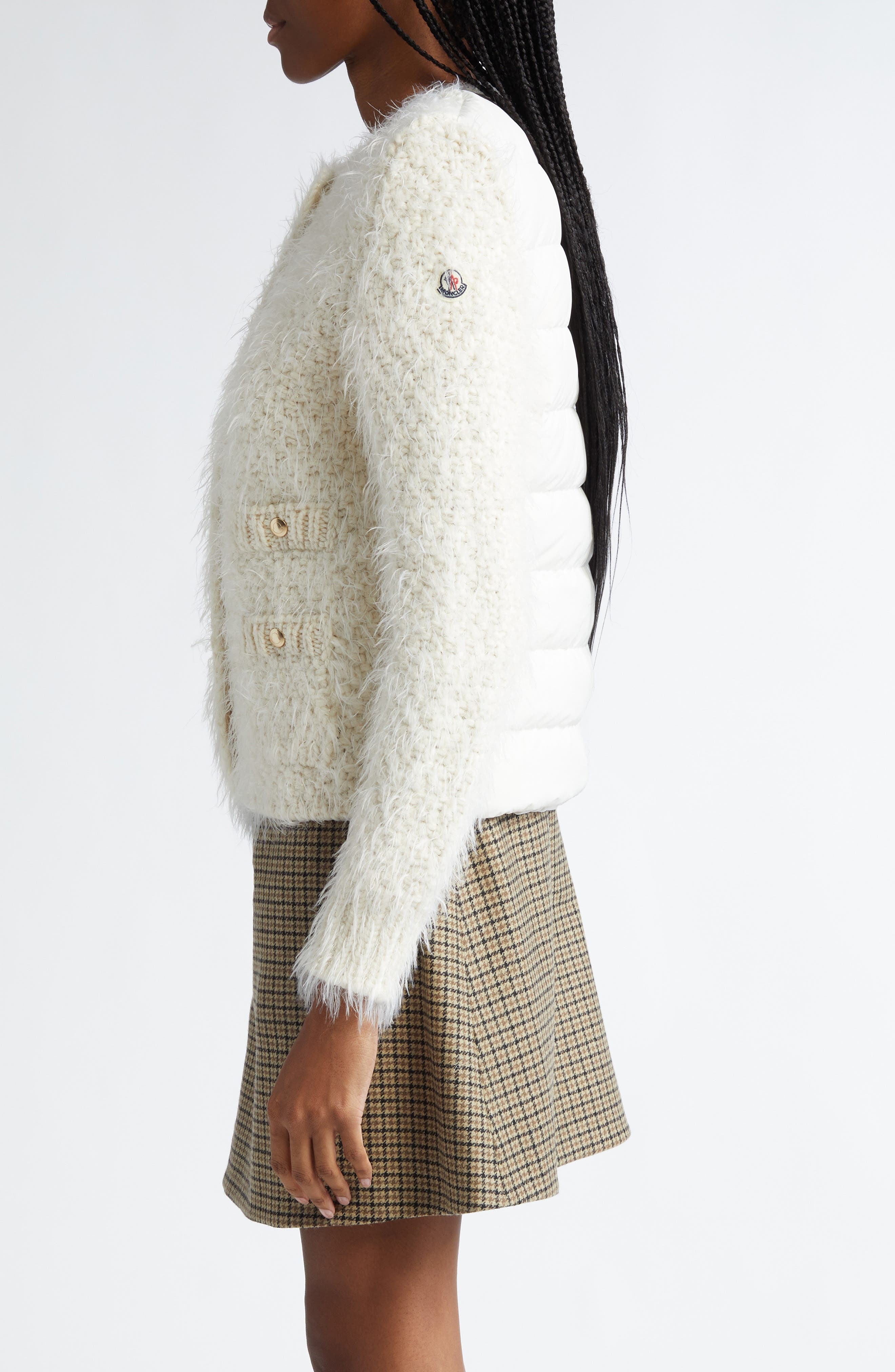 Moncler Fuzzy Wool Blend Knit & Quilted Down Cardigan in Silk White at Nordstrom - 4