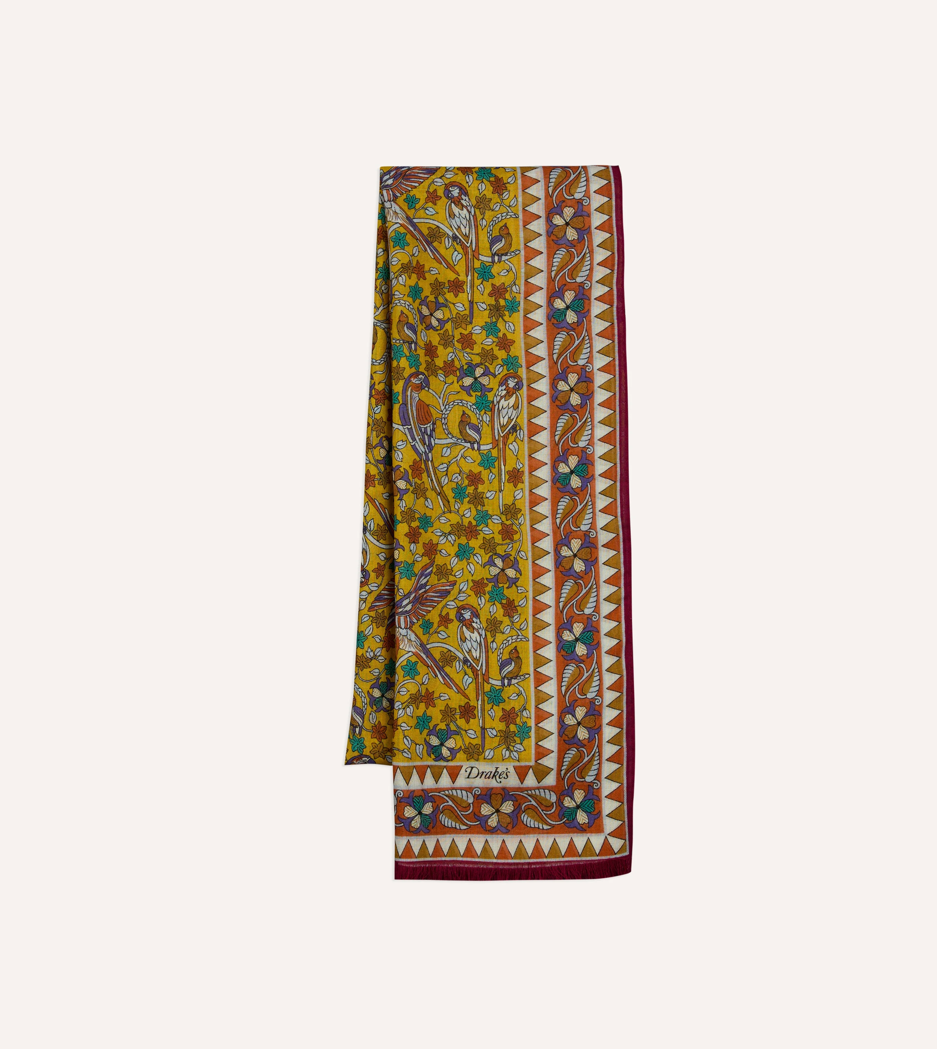 Yellow Birds and Flowers Print Wool-Silk Scarf - 1
