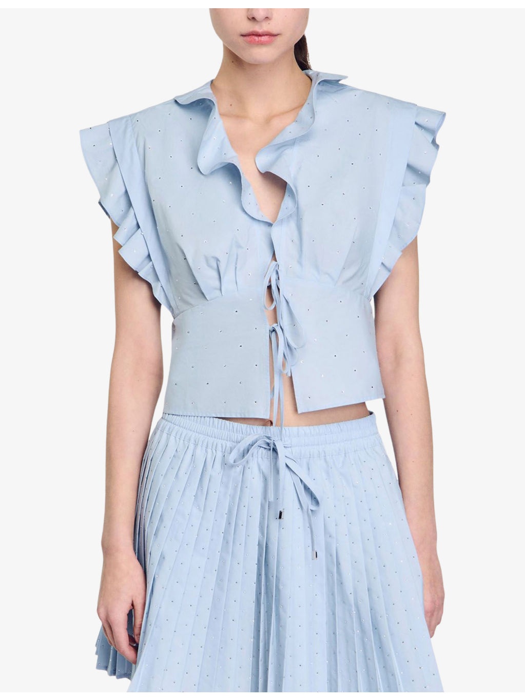 Rhinestone-Embellished Ruffled-Trim Cotton Top - 3