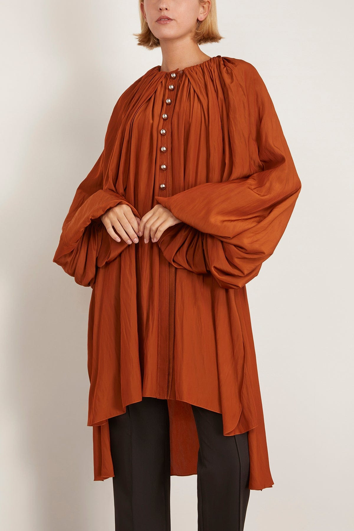 Puffy Sleeves Tunic Dress in Chestnuts - 3