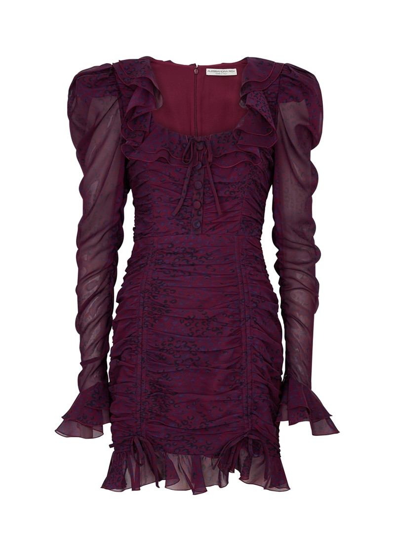 Leopard-print ruched silk-chiffon mini dress - 1