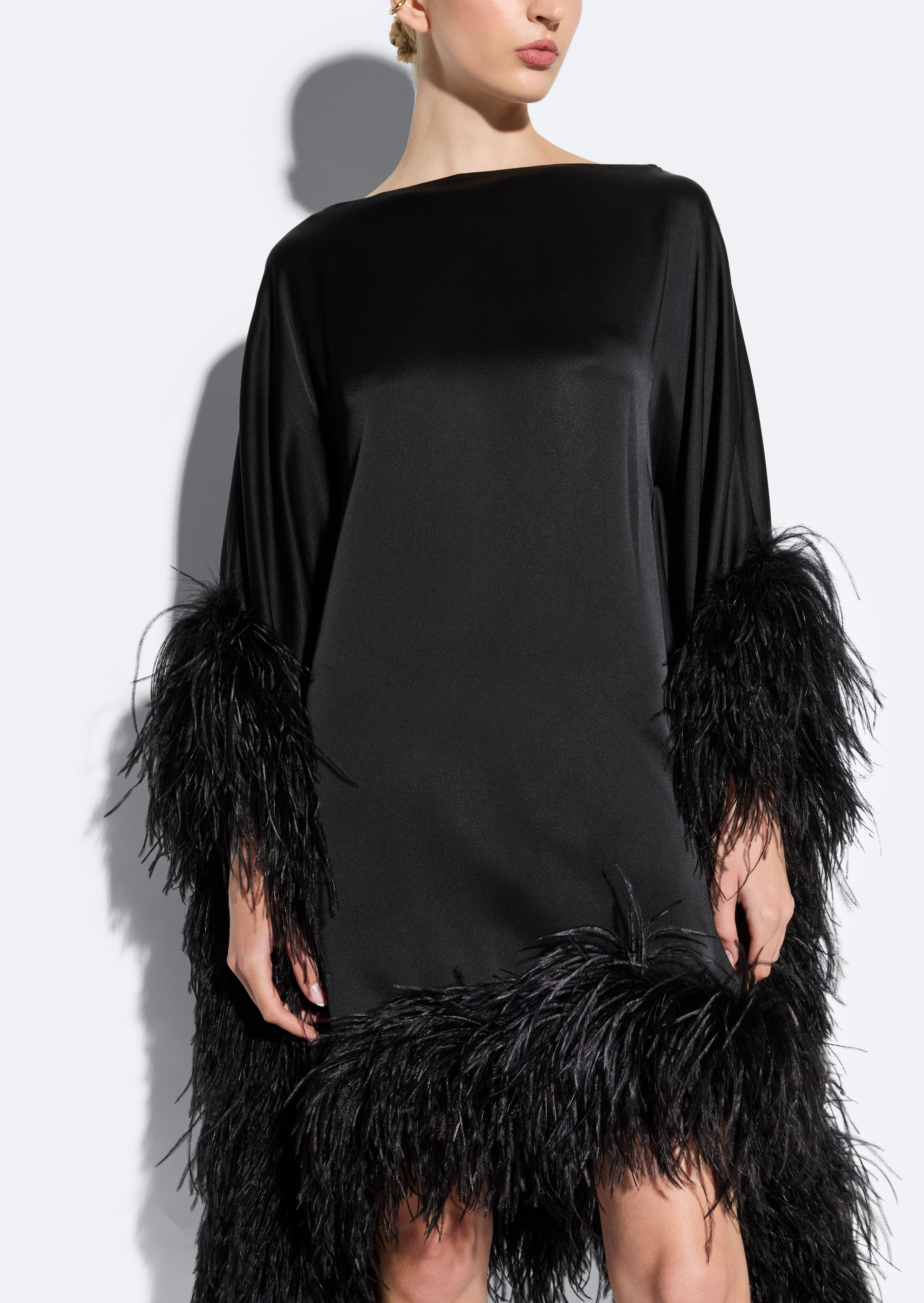 Satin Cape Dress With Feathers - 4
