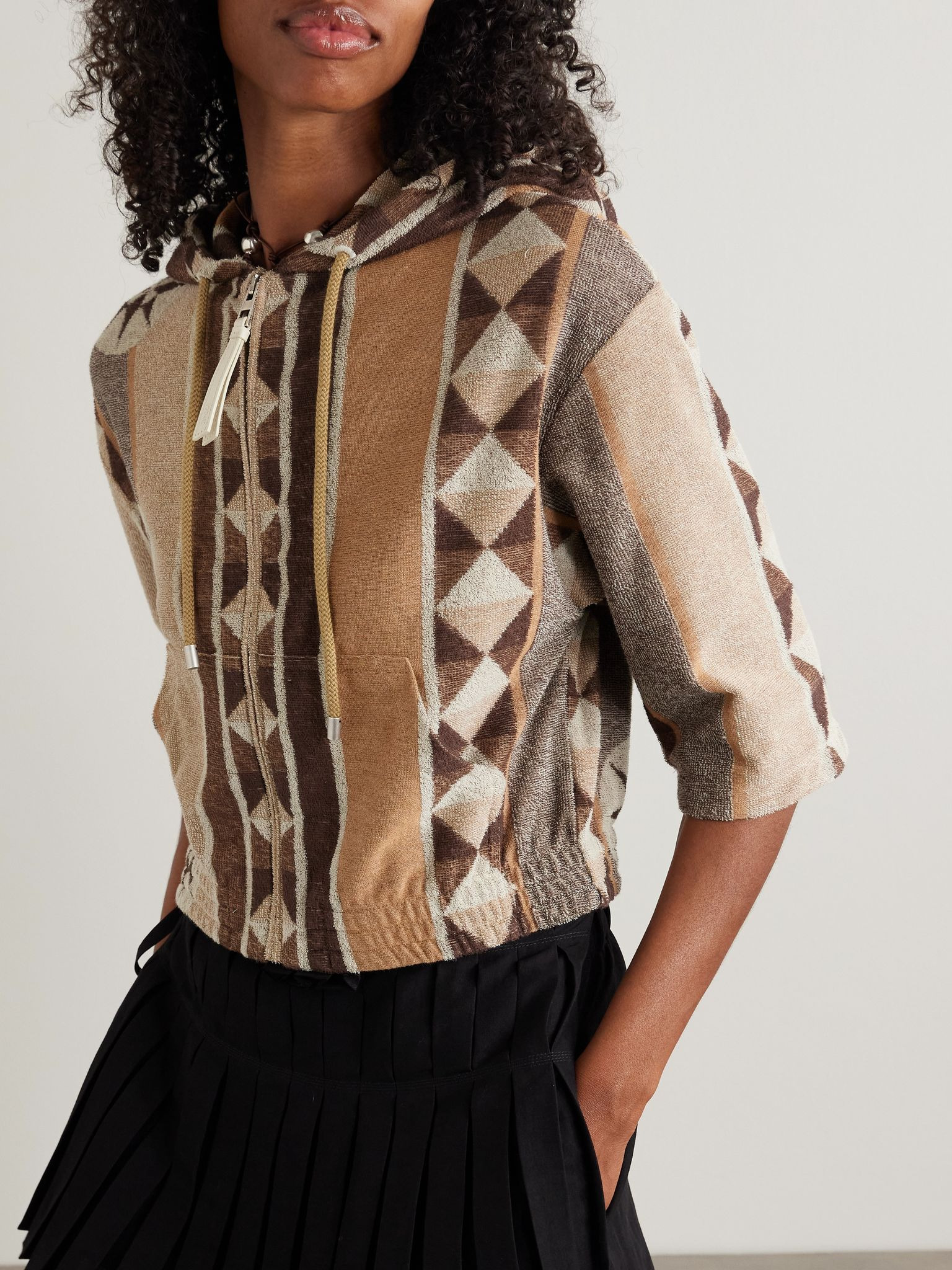 + Paula's Ibiza cropped jacquard-woven cotton-blend terry hoodie Beige - 3