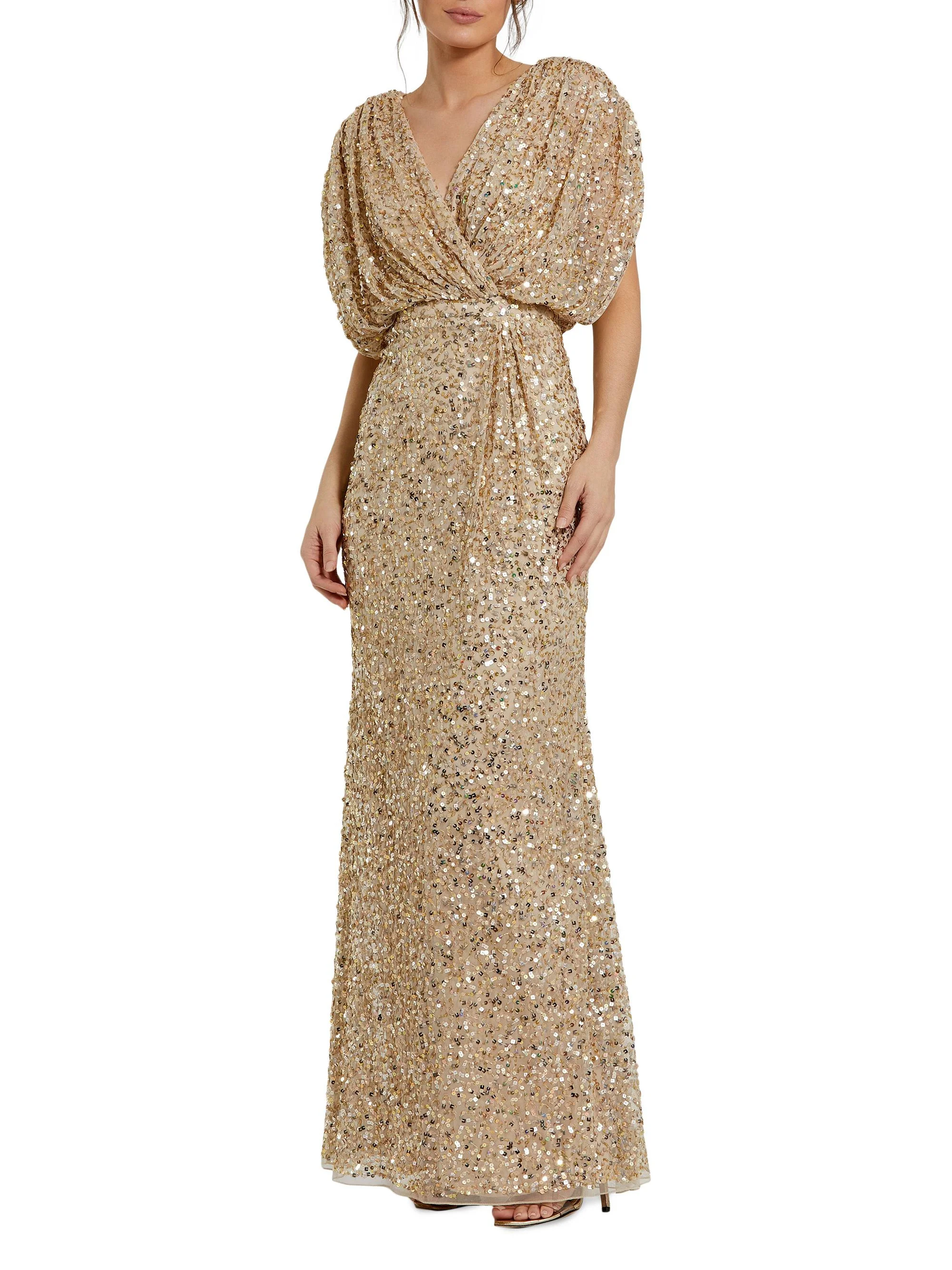Women's Evening Metallic Blouson Gown - Beige Gold - 1