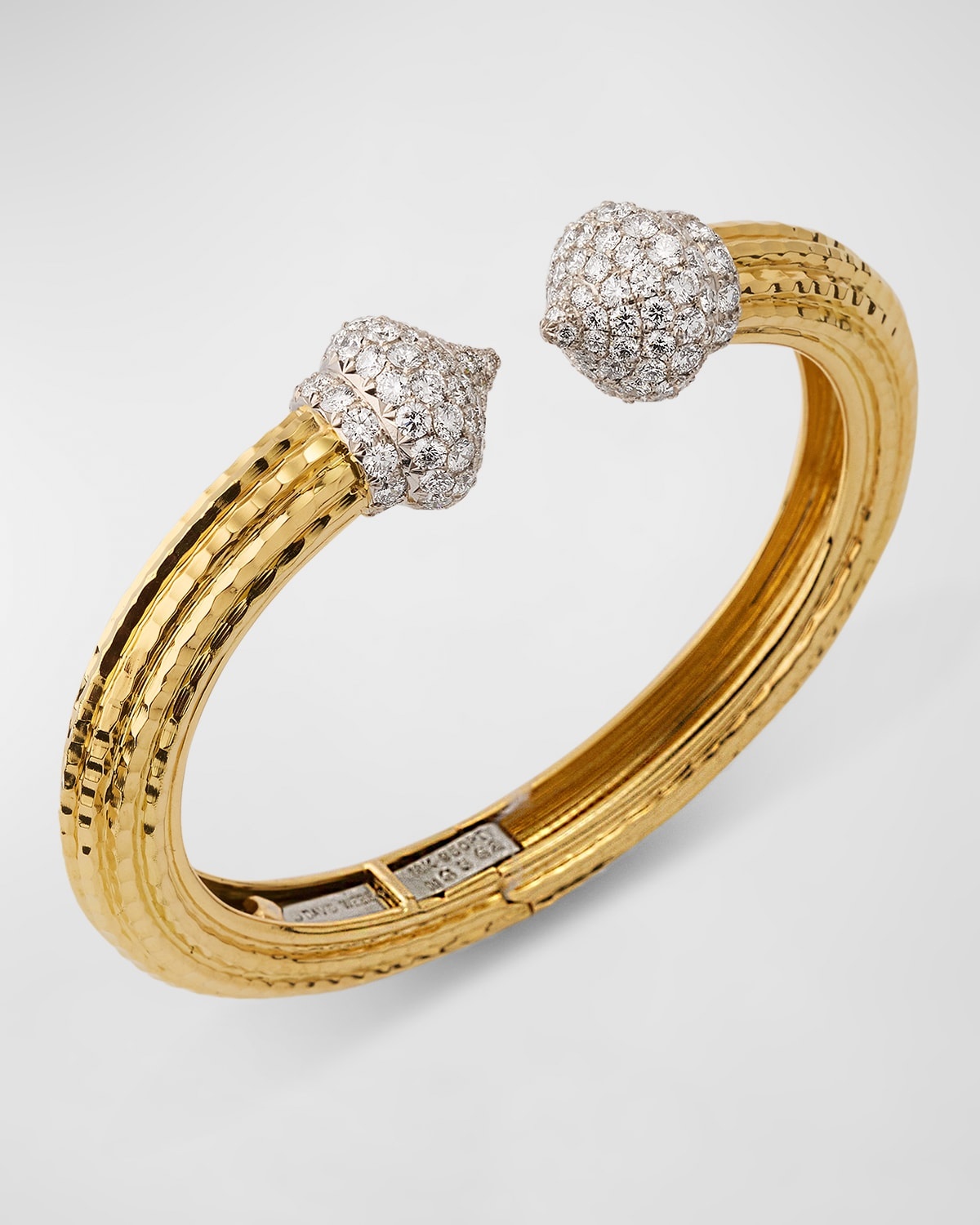 18K Yellow  Gold Hammered Bracelet with Diamond Caps - 3