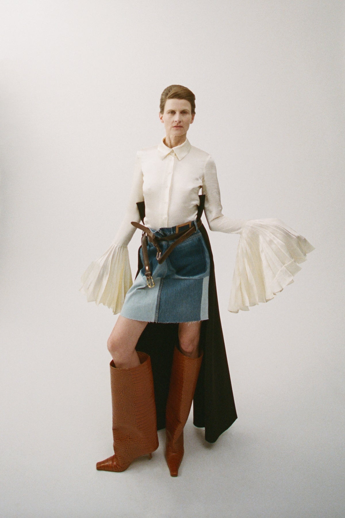 SATIN SHIRT WITH PLEATED BELL SLEEVES IVORY - 17