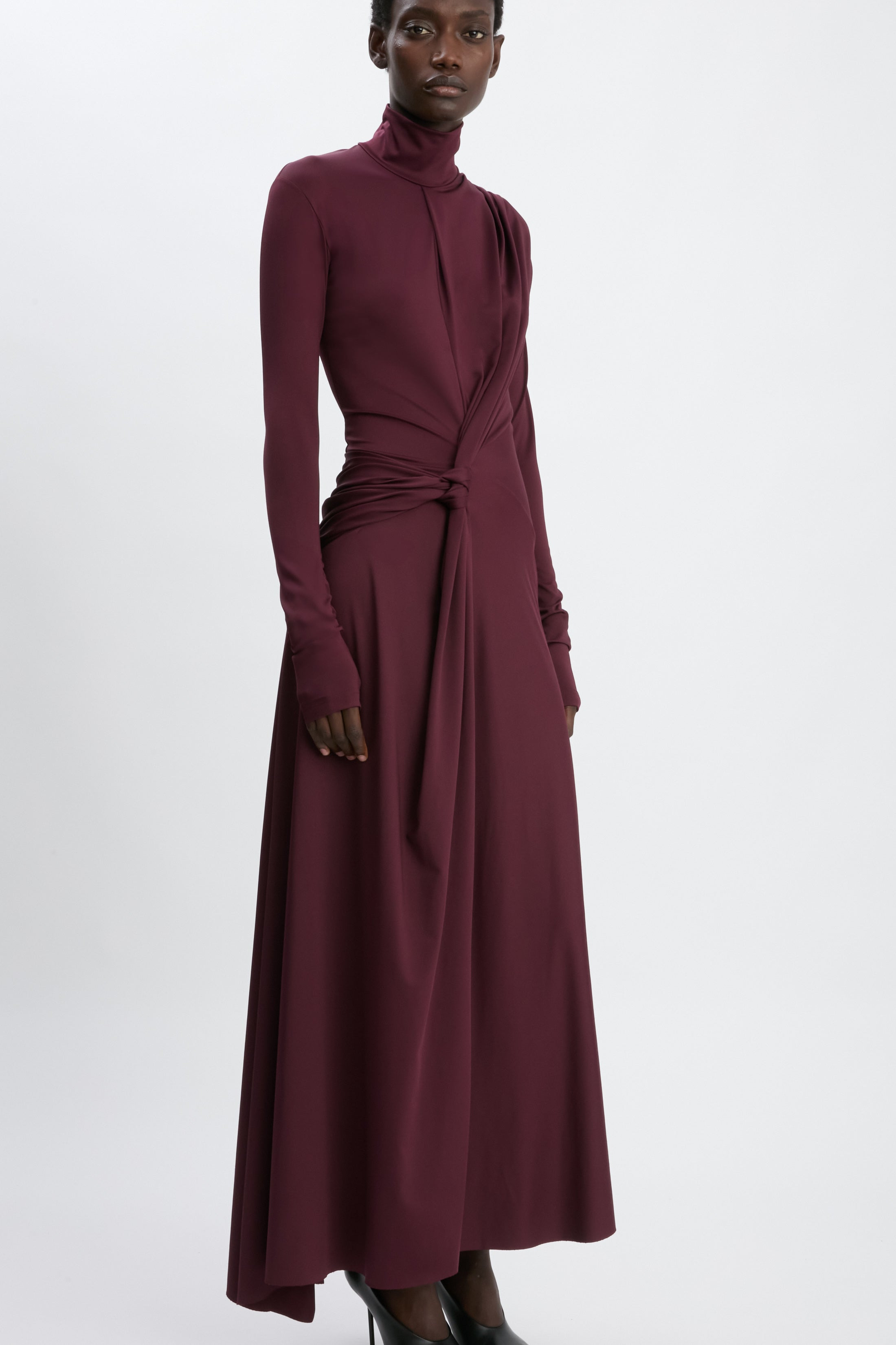 Twist Detail High Neck Midi Dress In Merlot - 4