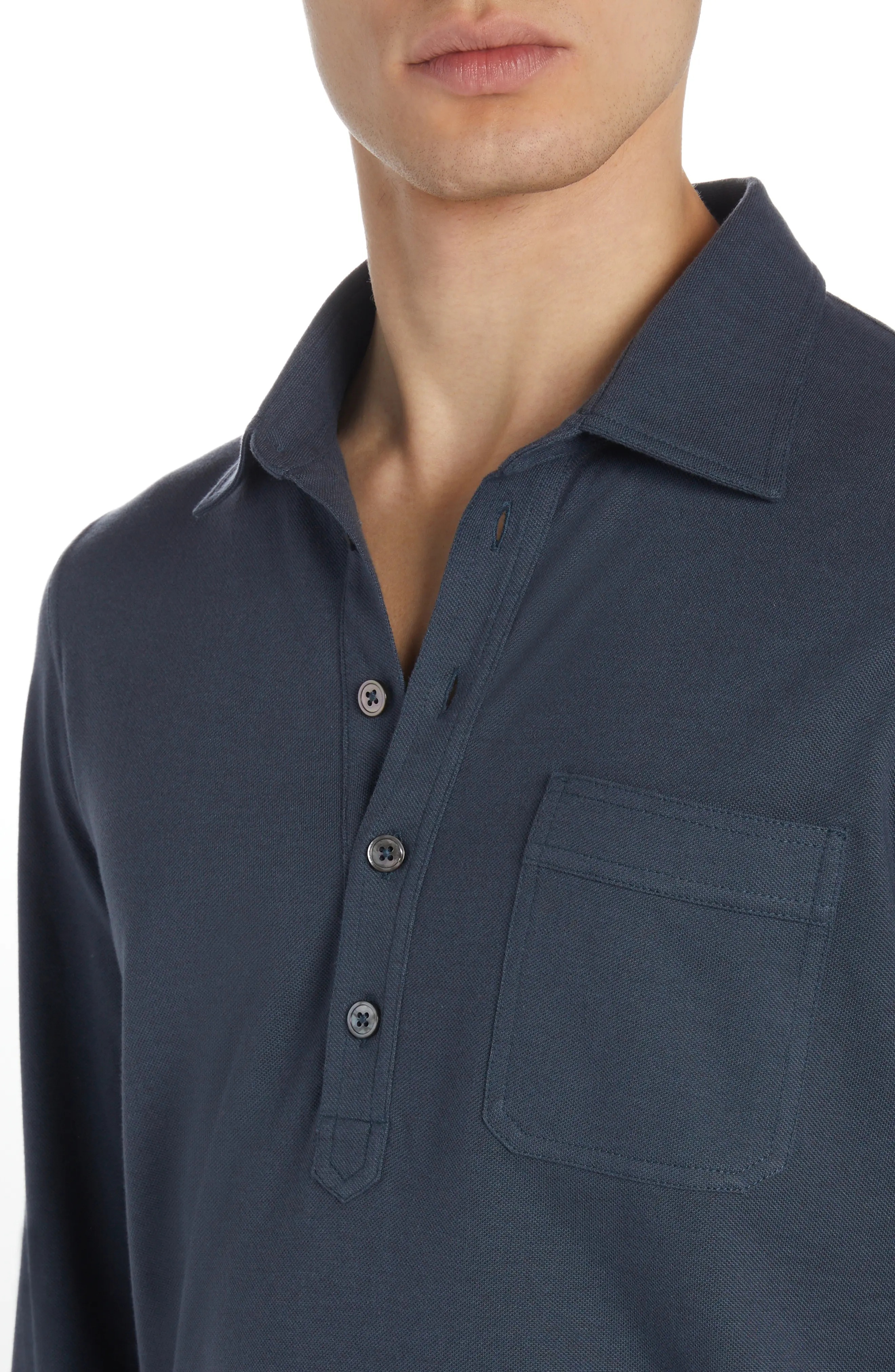 Long Sleeve Silk & Cotton Piqué Pocket Polo - 4