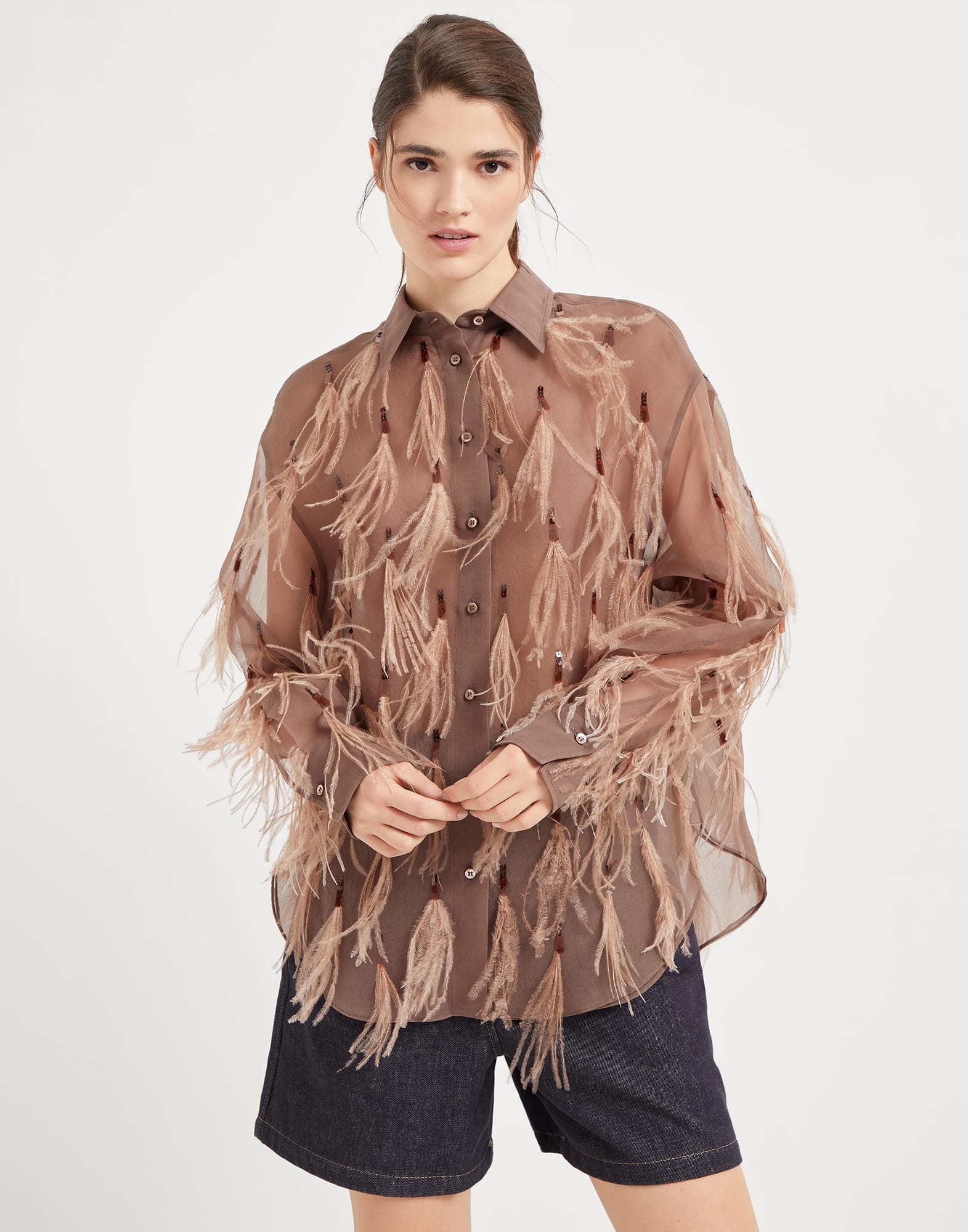 Crispy silk shirt with dazzling feather embroidery - 1