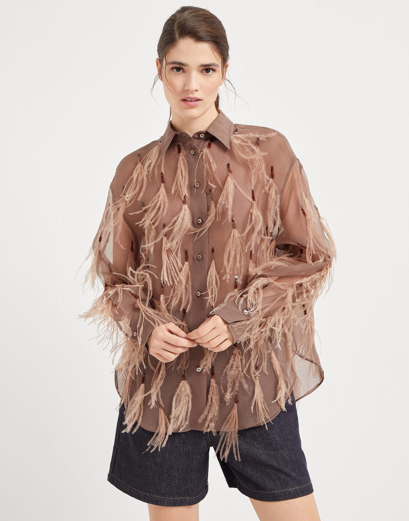 Crispy silk shirt with dazzling feather embroidery 1