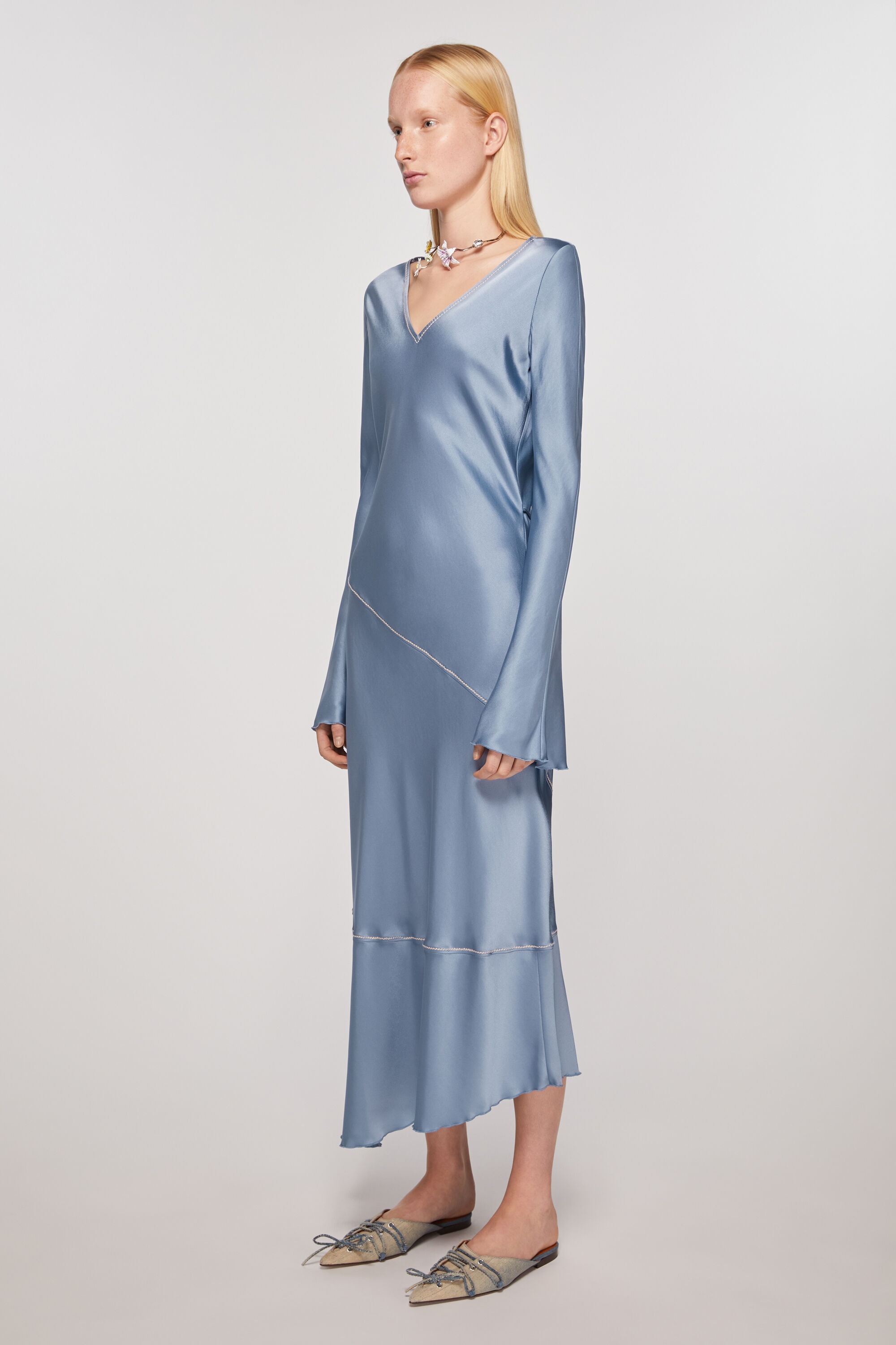 Satin long dress - Dusty blue - 3