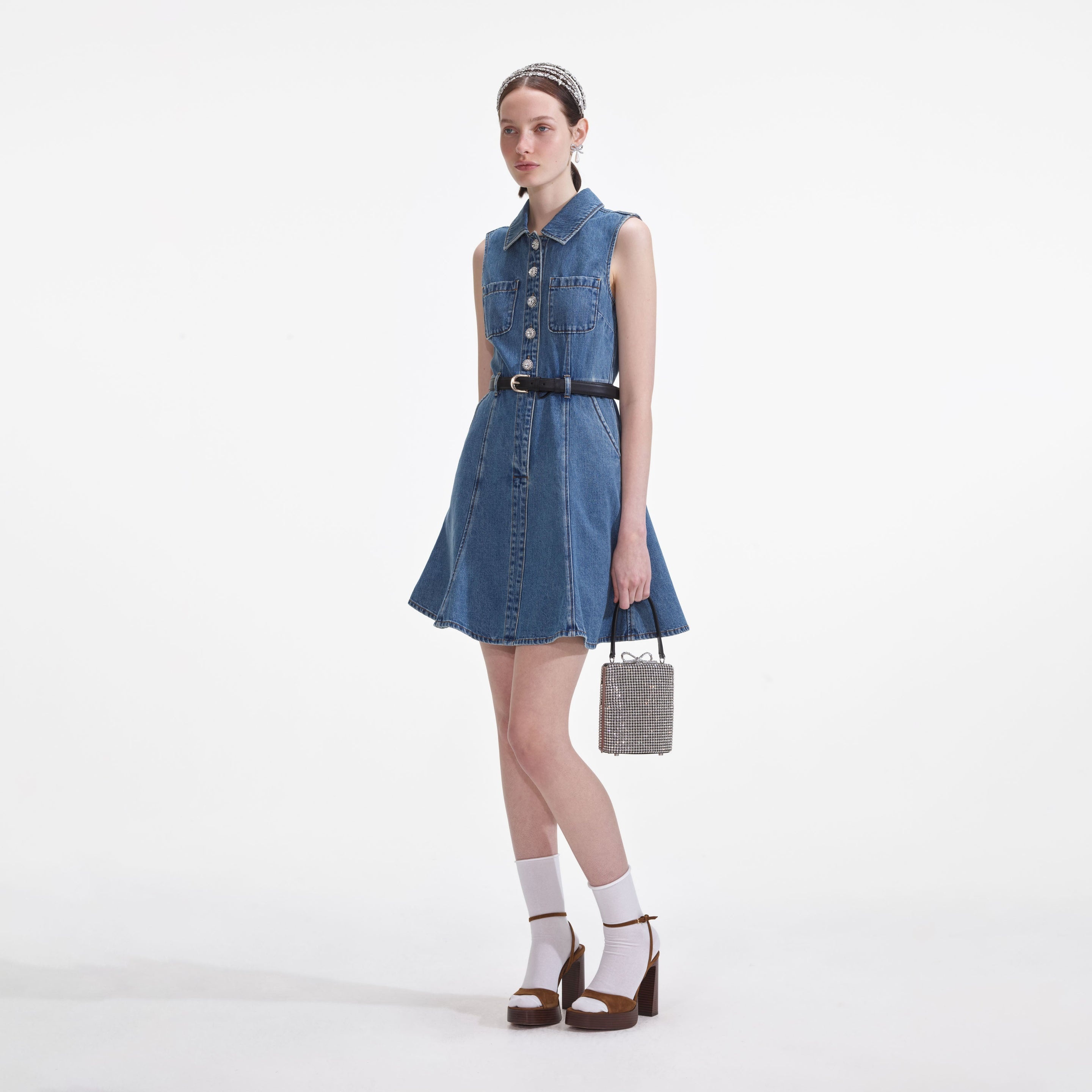 Denim Sleeveless Pearl Mini Dress - 2