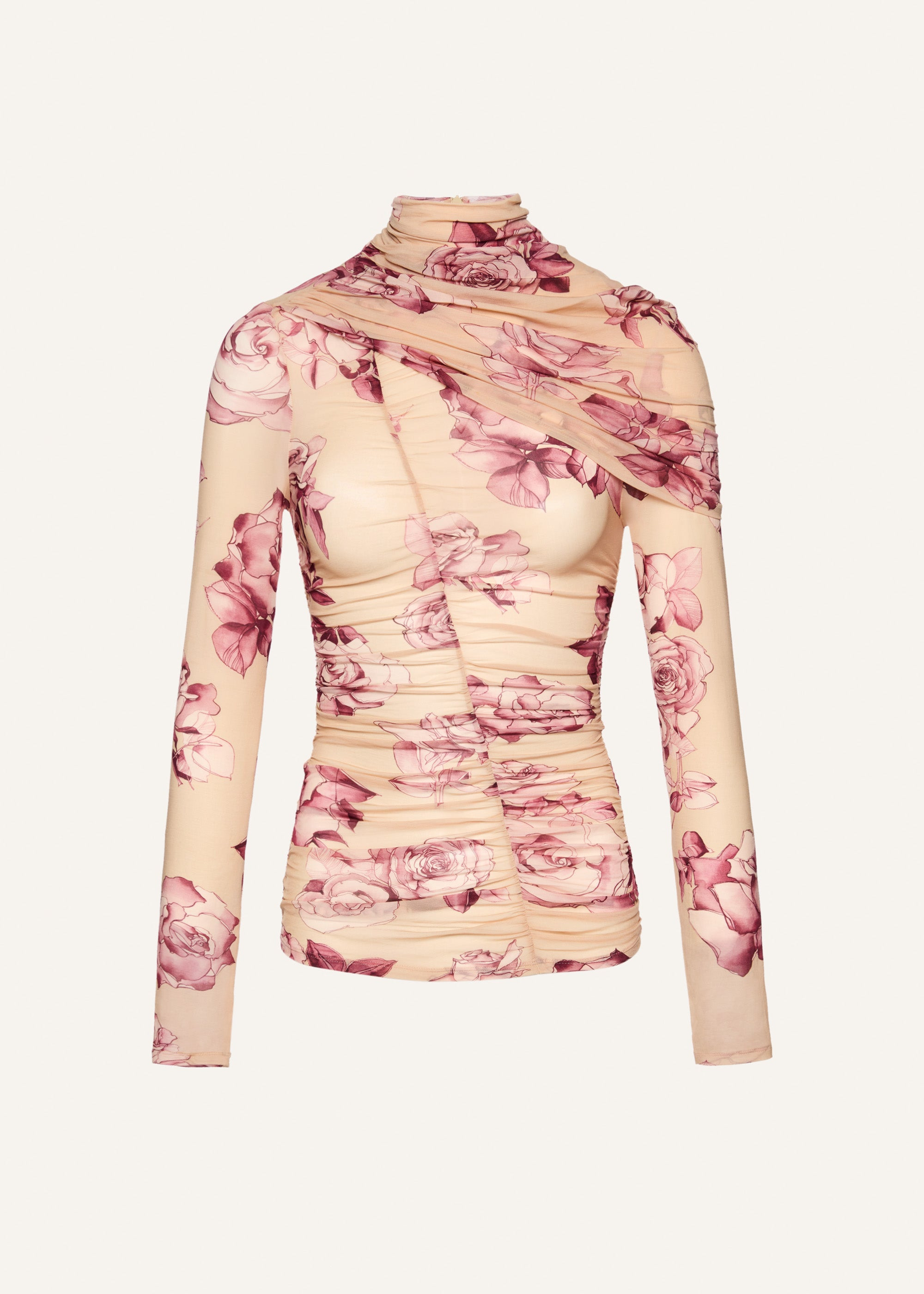 Draped high neck blouse in beige print - 1