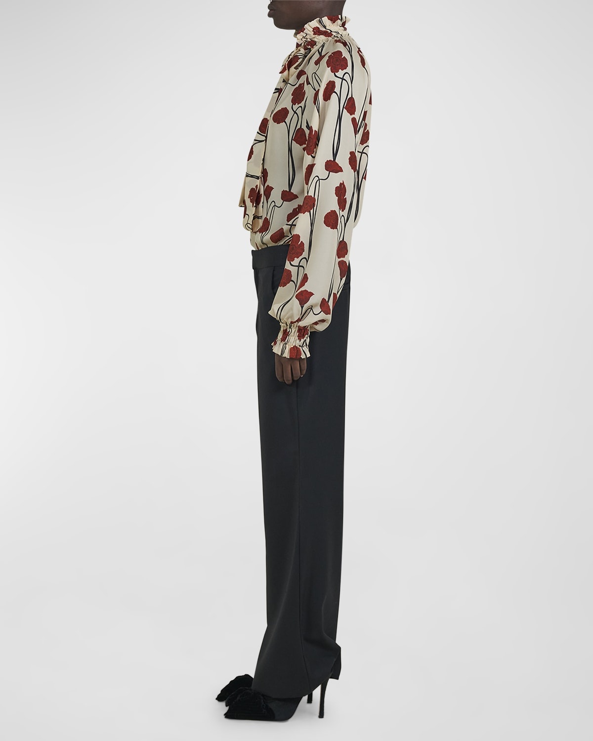 Red Petals Neck-Tie Long-Sleeve Silk Top - 5