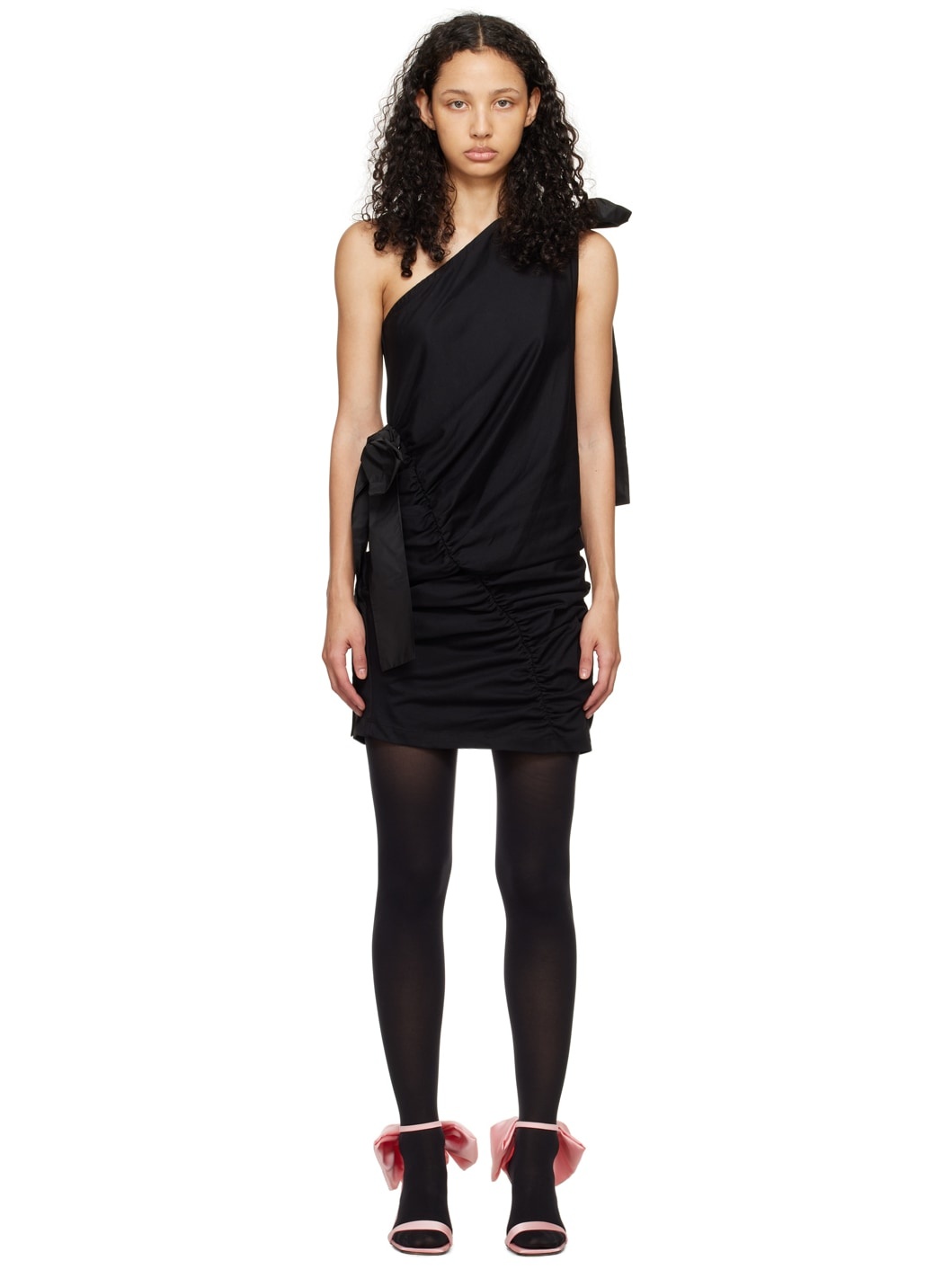 Black One Shoulder Bow Minidress - 1