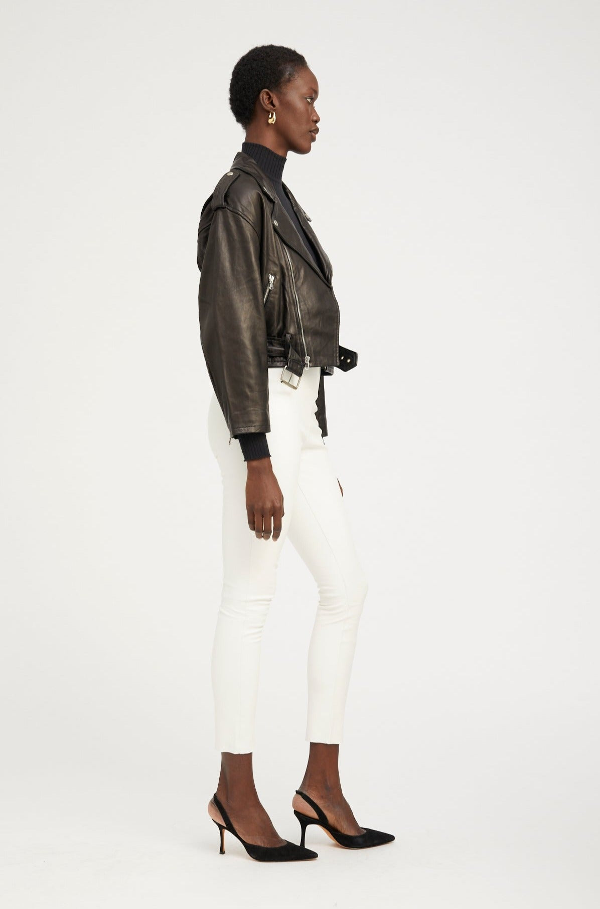 BLACK LEATHER EYELET LACE-UP MOTO JACKET - 6