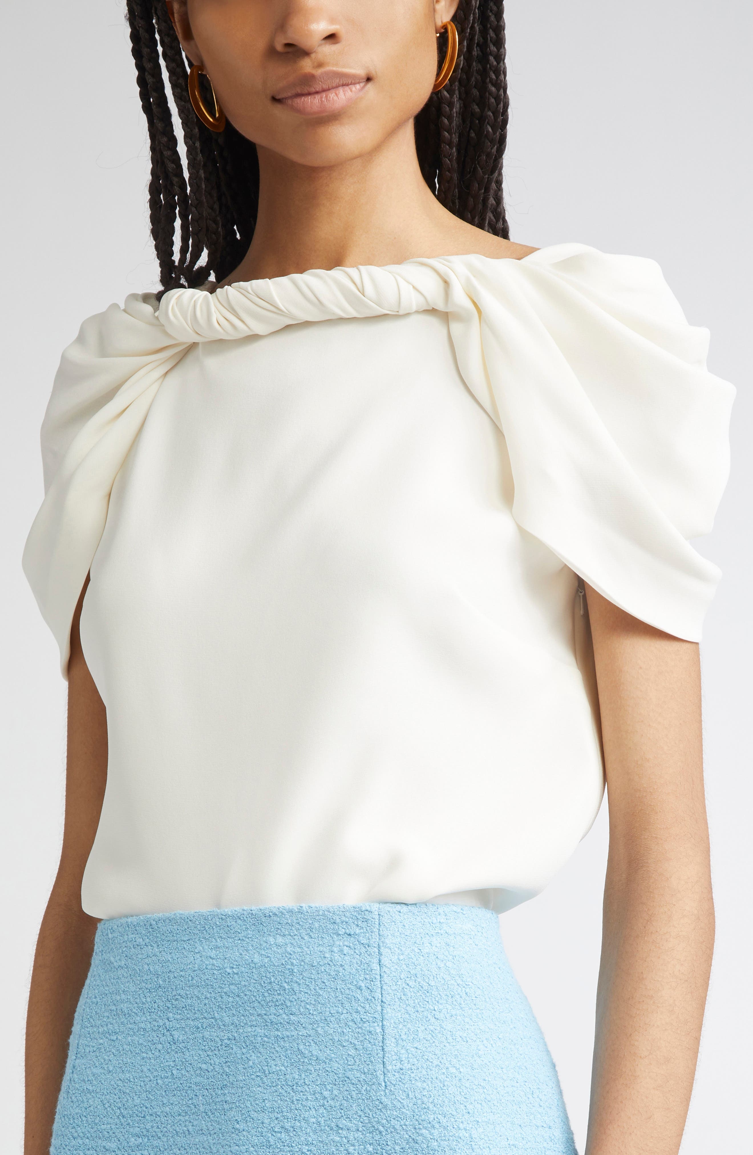 Oscar de la Renta Twist Neck Stretch Silk Top in Ivory at Nordstrom - 5