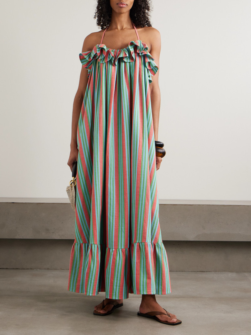MARRAKSHI LIFE Ruffled Tiered Striped Cotton Halterneck Maxi Dress outlook