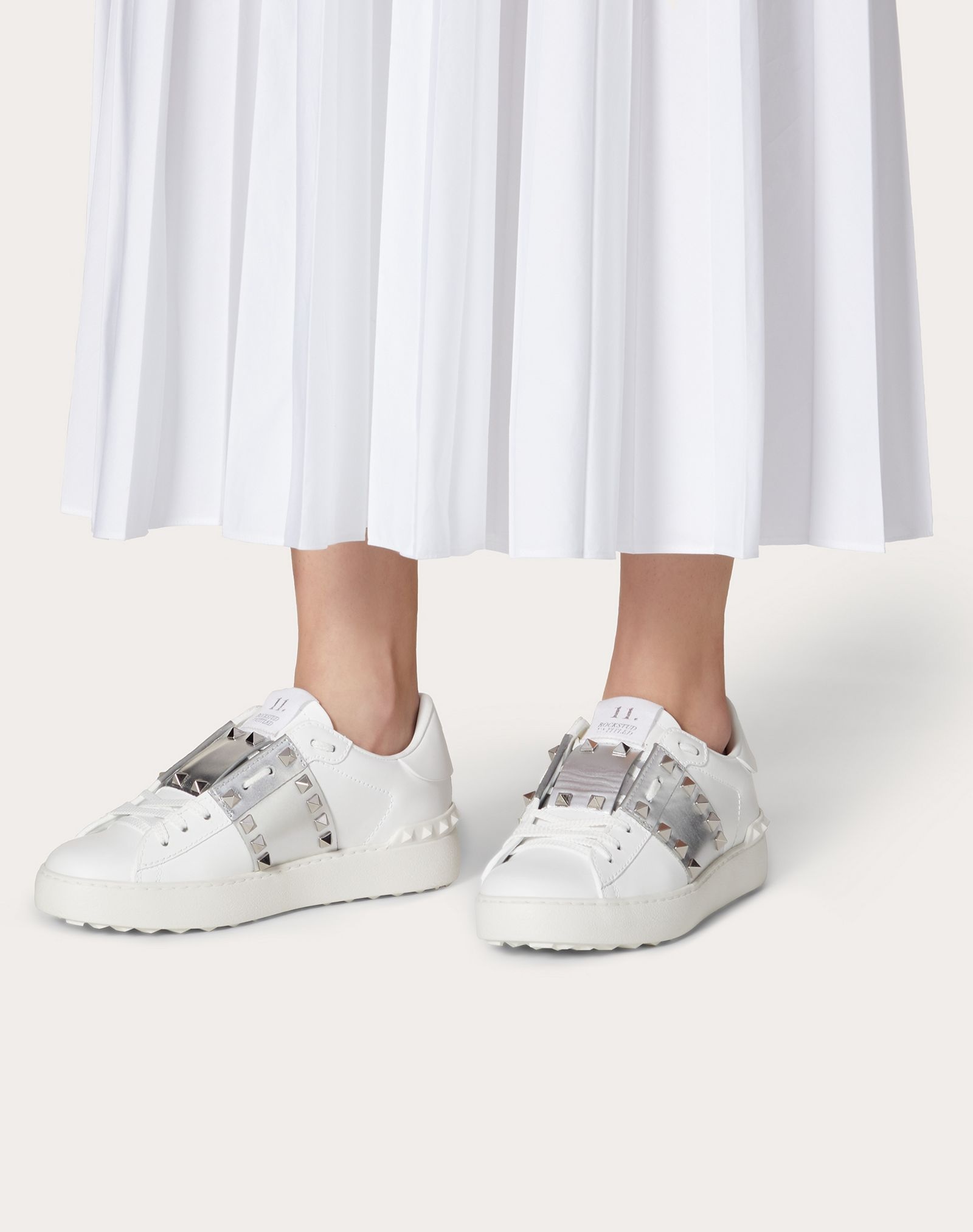 Rockstud Untitled Sneaker in Calfskin Leather with Metallic Stripe - 6