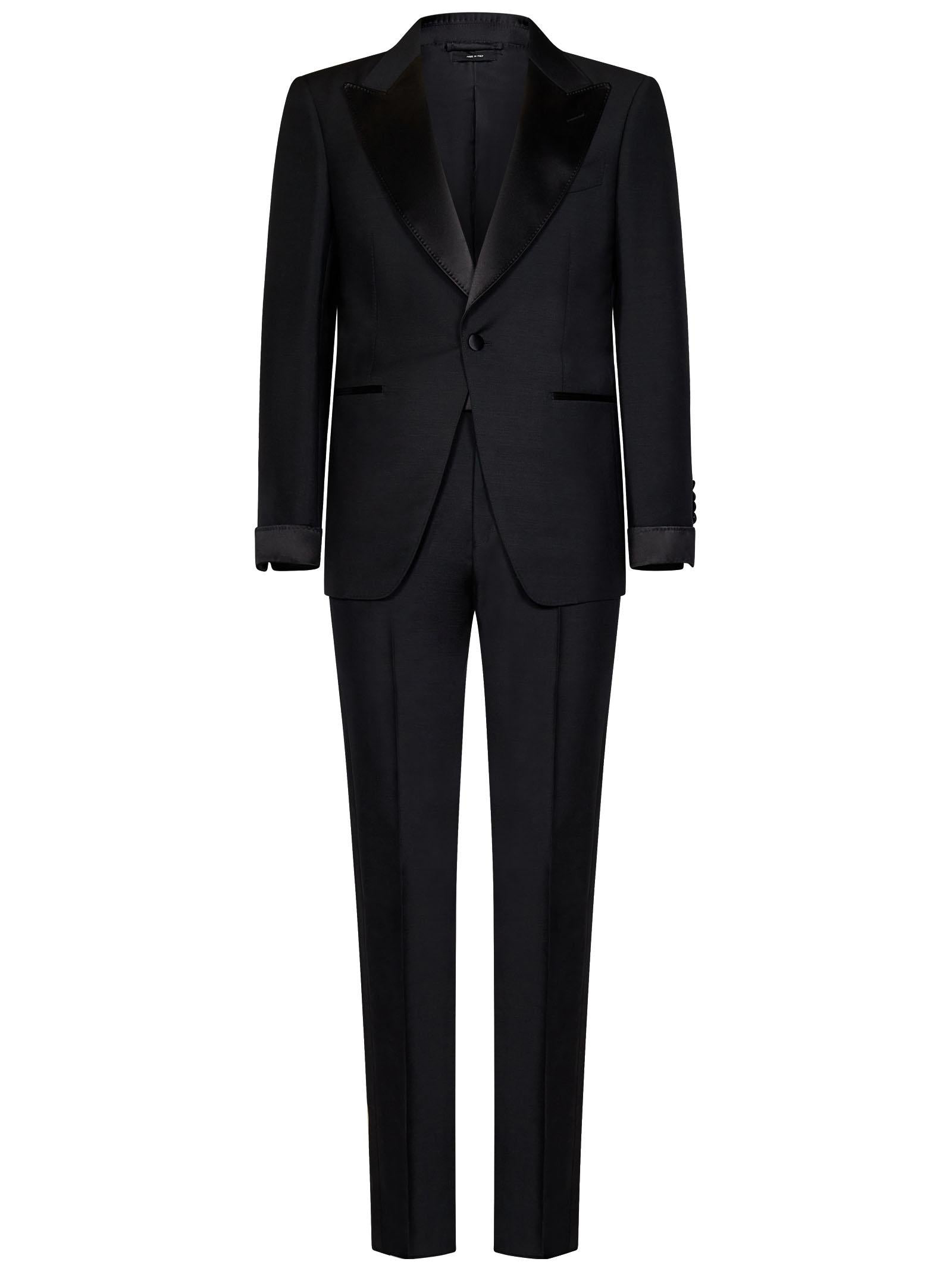 black mohair and wool tuxedo suit with single-breasted blazer and satin details. - 1