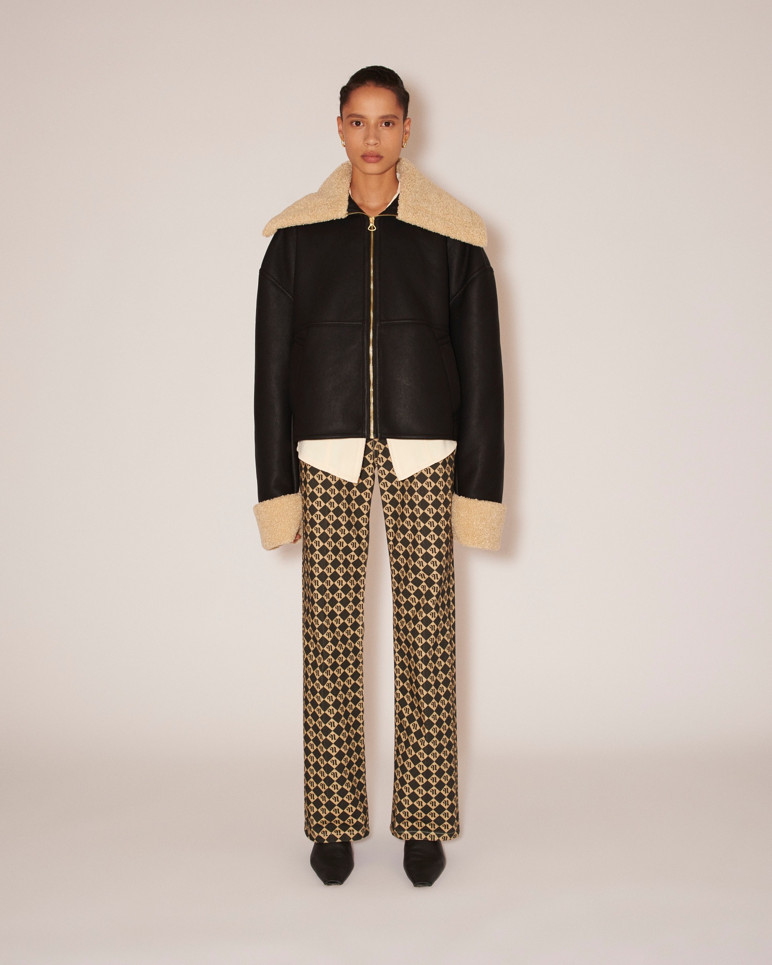 NAEL - Bonded shearling contrast collar aviator jacket - Black&Beige - 2