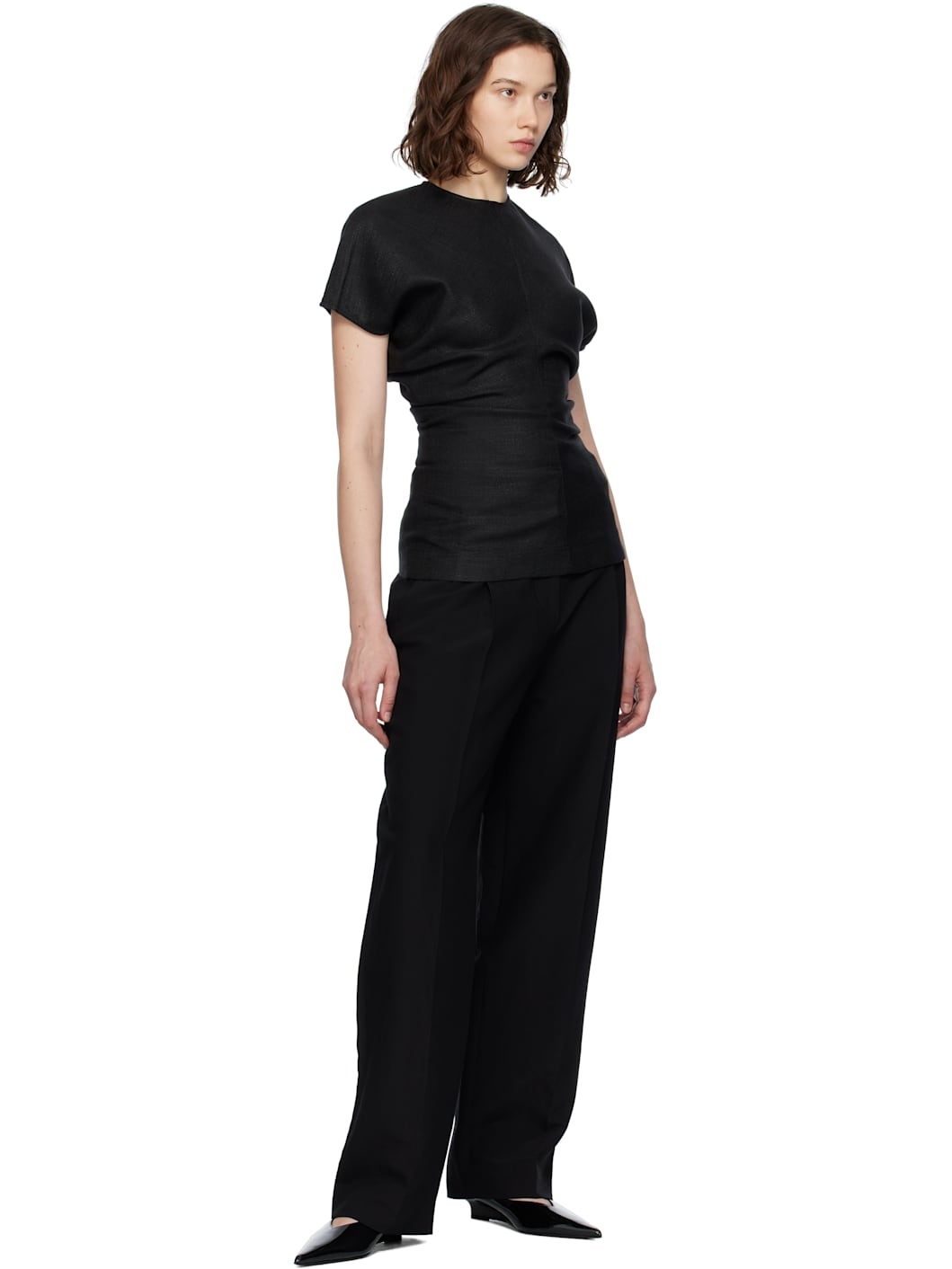 Black Slouch Waist Basketweave Top - 4