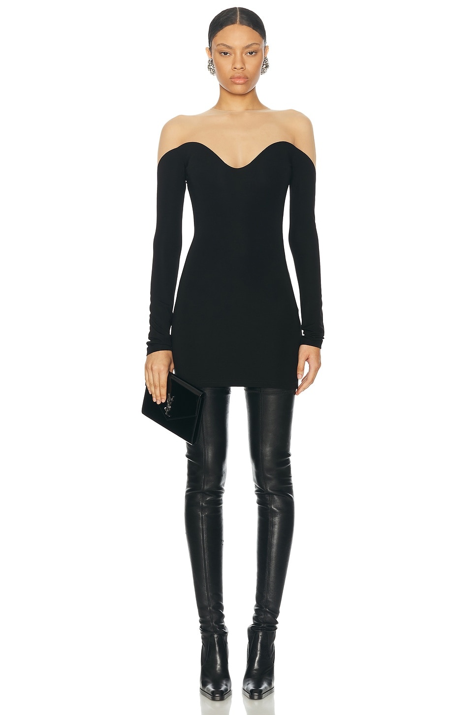 Wave Neckline Long Sleeve Mini Dress - 1