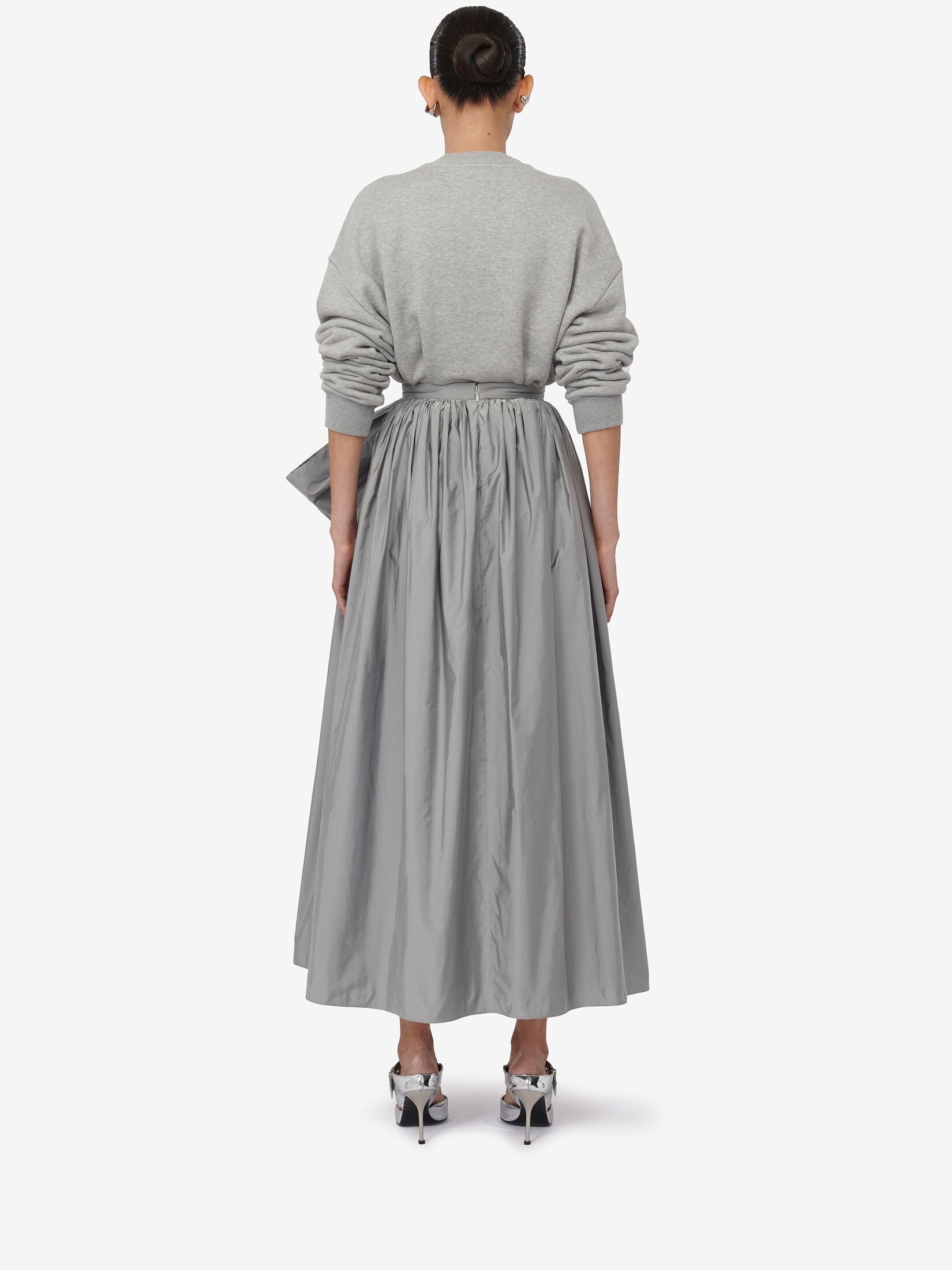 Women's Bow Detail Gathered Midi Skirt in Silver - 4