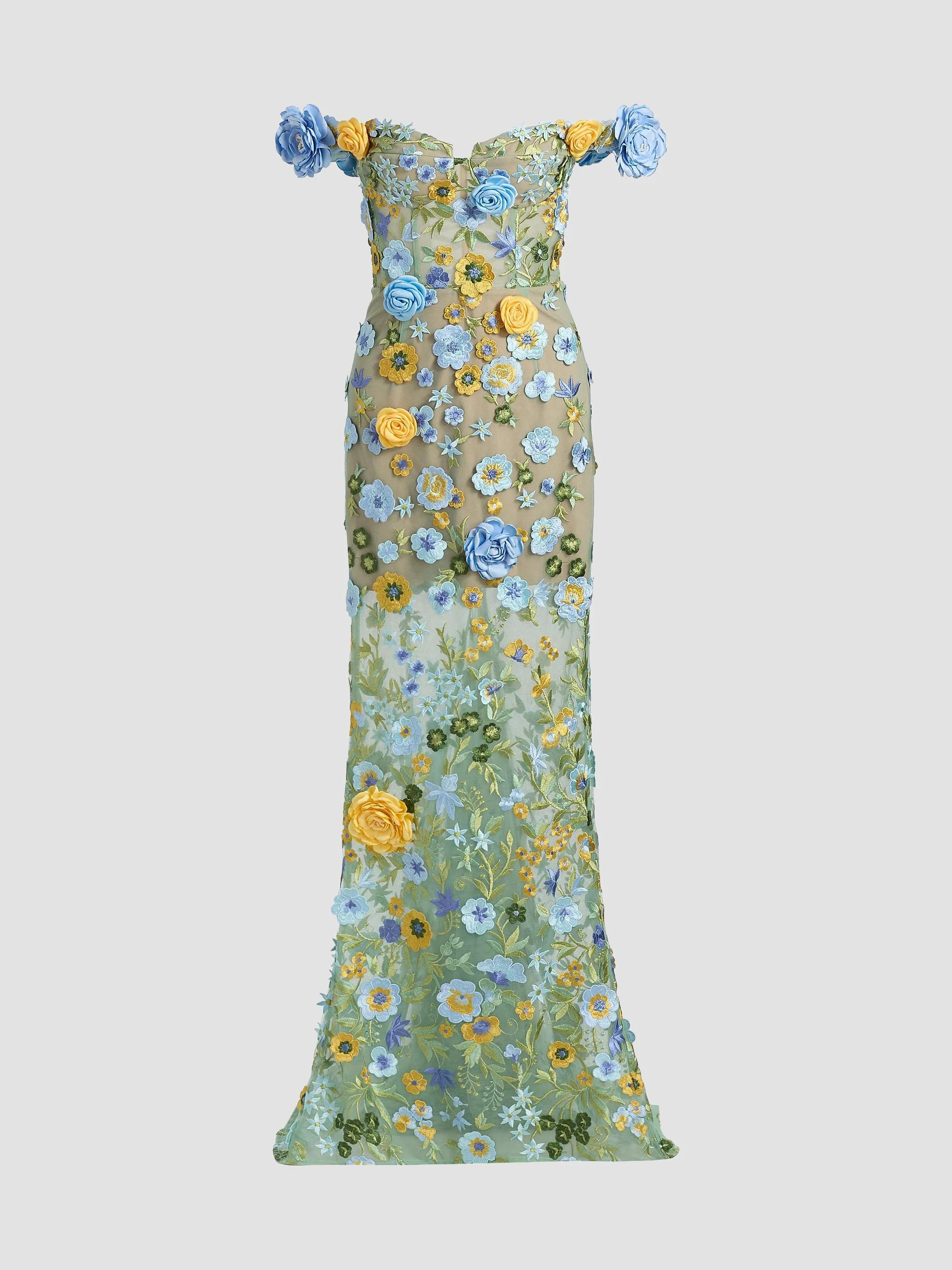 Women's Portofino Floral Applique Off-the-Shoulder Gown - Blue Multi - 1