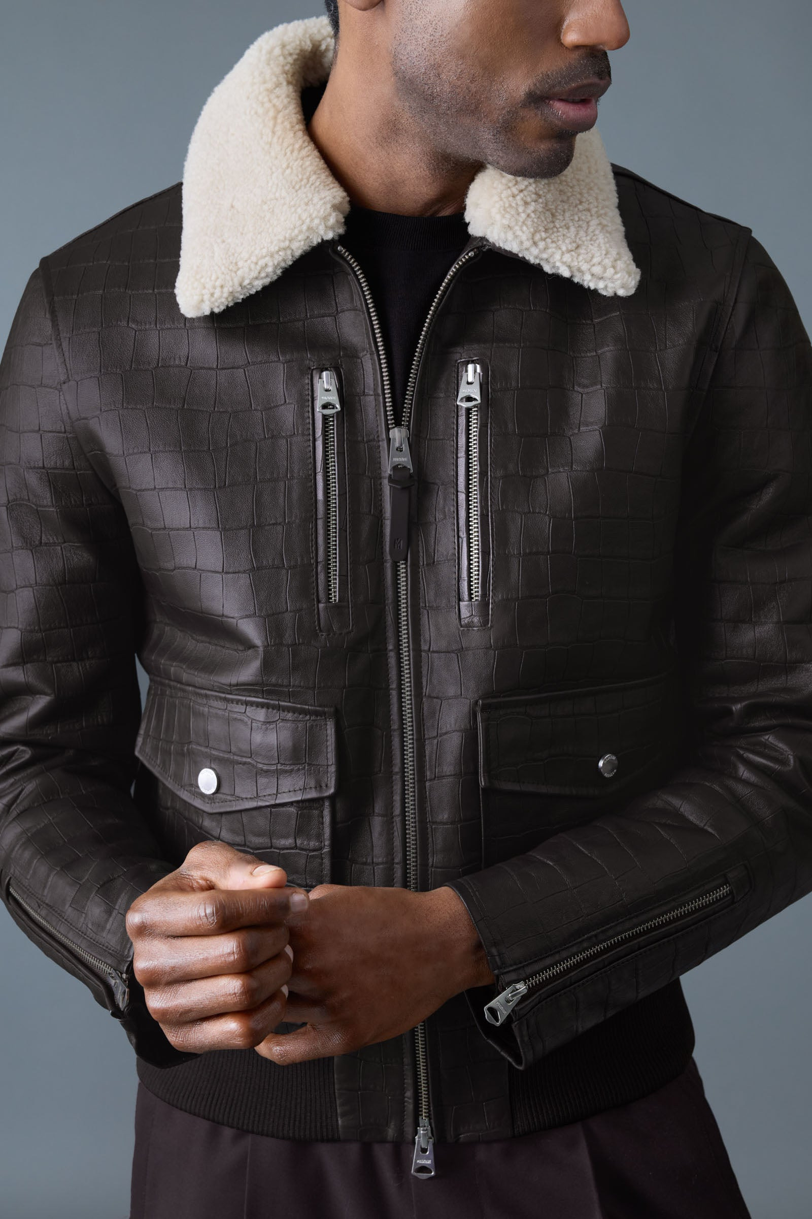 CHANCE-NV Croc-Embossed Leather Jacket with Shearling Collar - 6