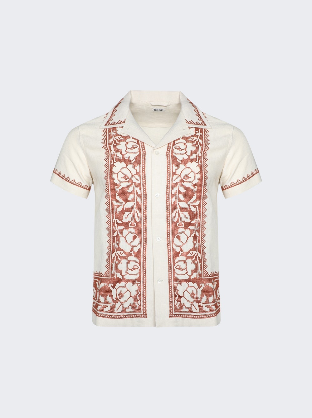 Cross Stitched Rose Garland Shirt Brown And White - 1