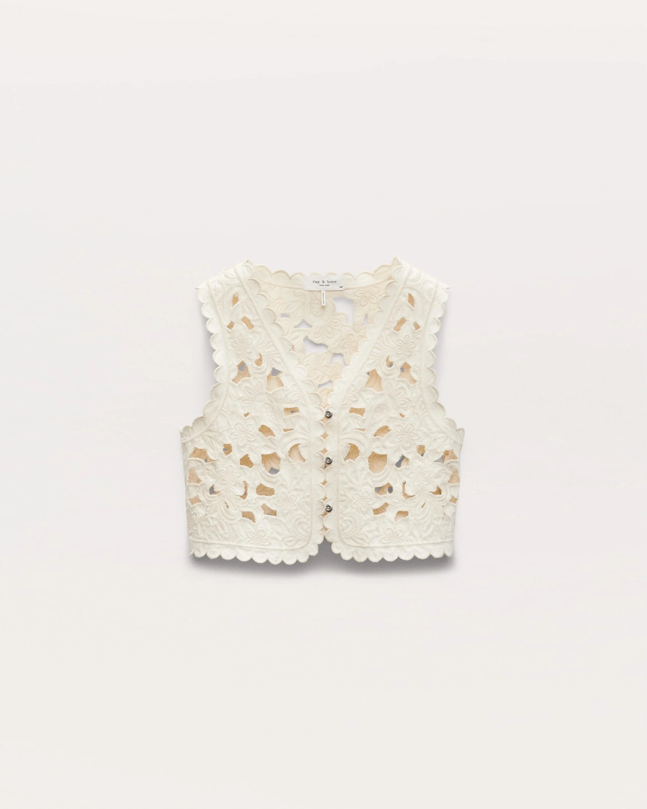 Coralie Cutout Denim Vest Lightweight Rigid in Ecru Floral Cutout - 1