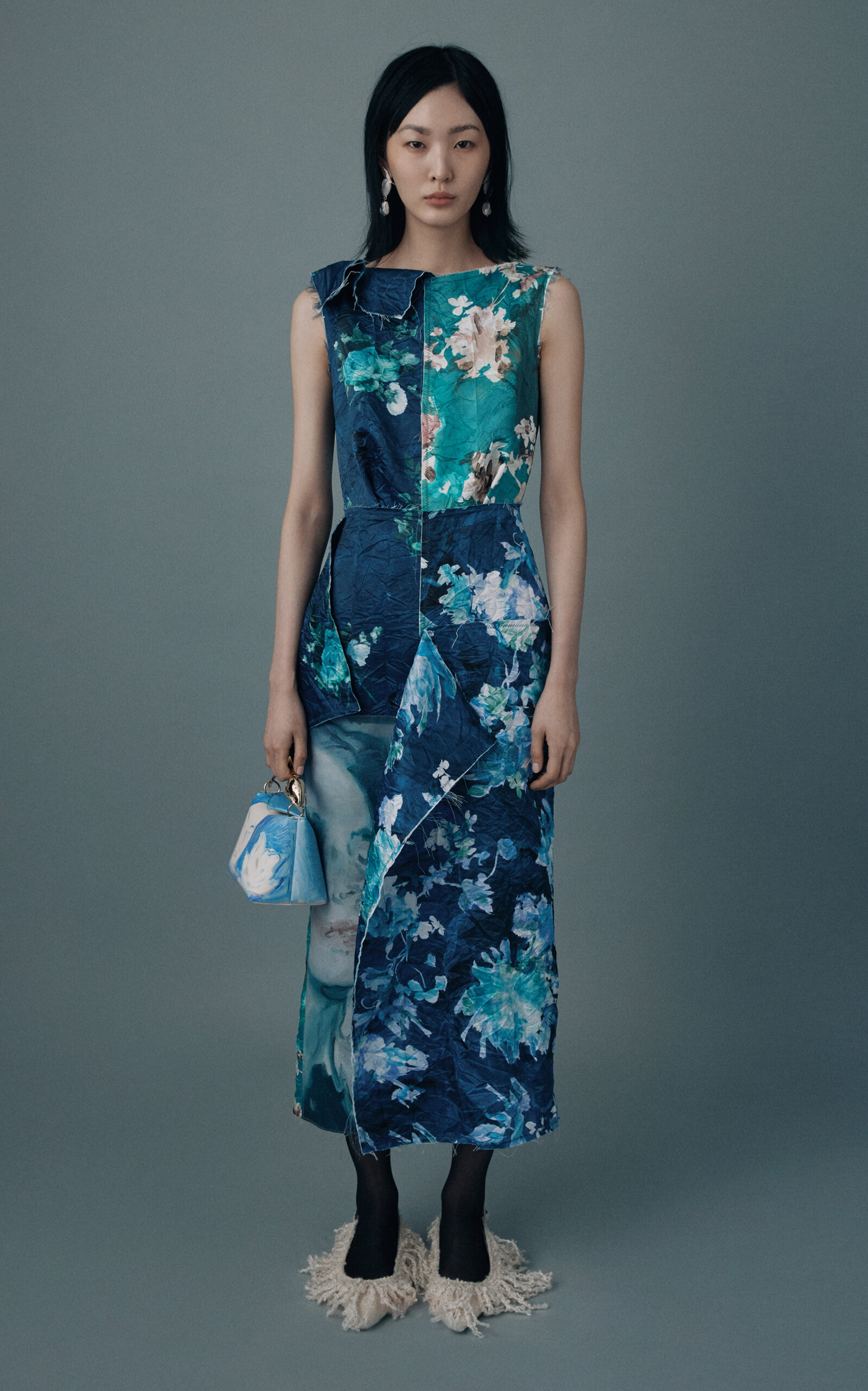 Floral Collage Satin Cocktail Dress navy - 2