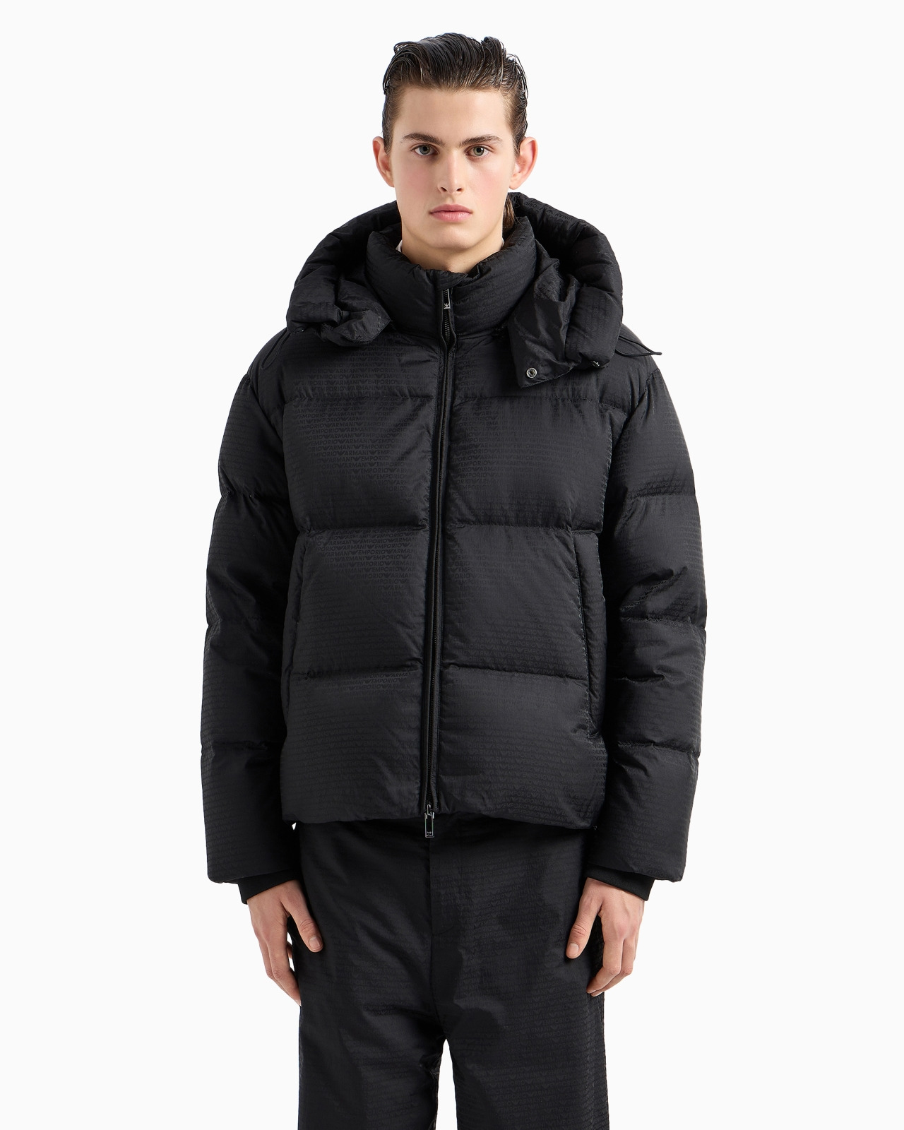 Zipped, hooded down jacket in jacquard nylon with all-over logo lettering - 2