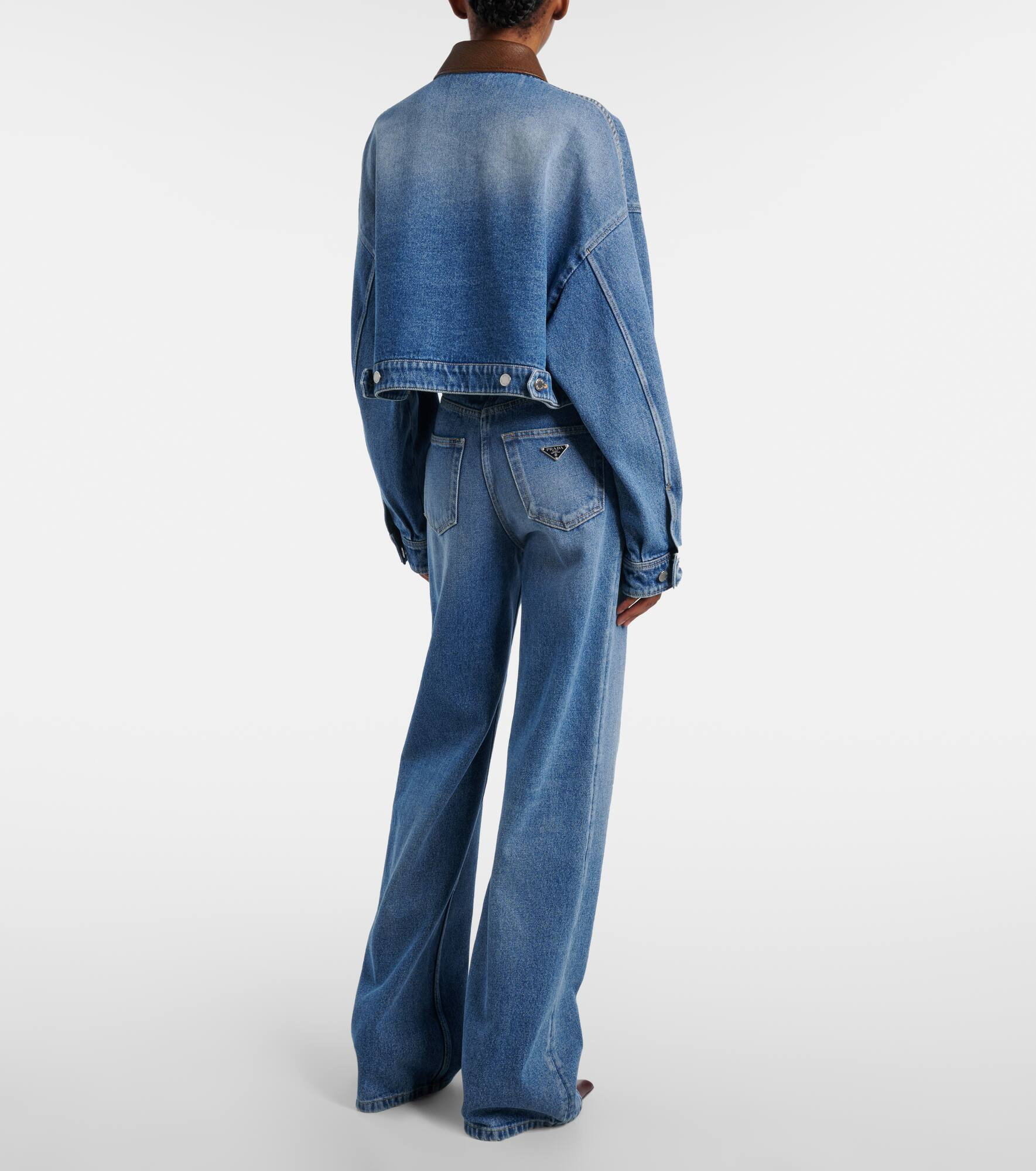 Leather-trimmed cropped denim jacket - 3