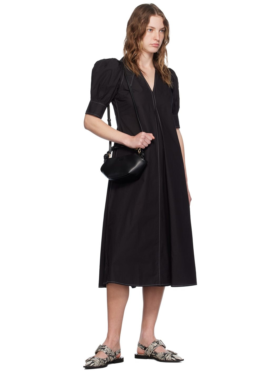 GANNI ホフリン Vネック ミティトレス F7127 151 Black Cotton Poplin V-Neck Midi Dress | GANNI US