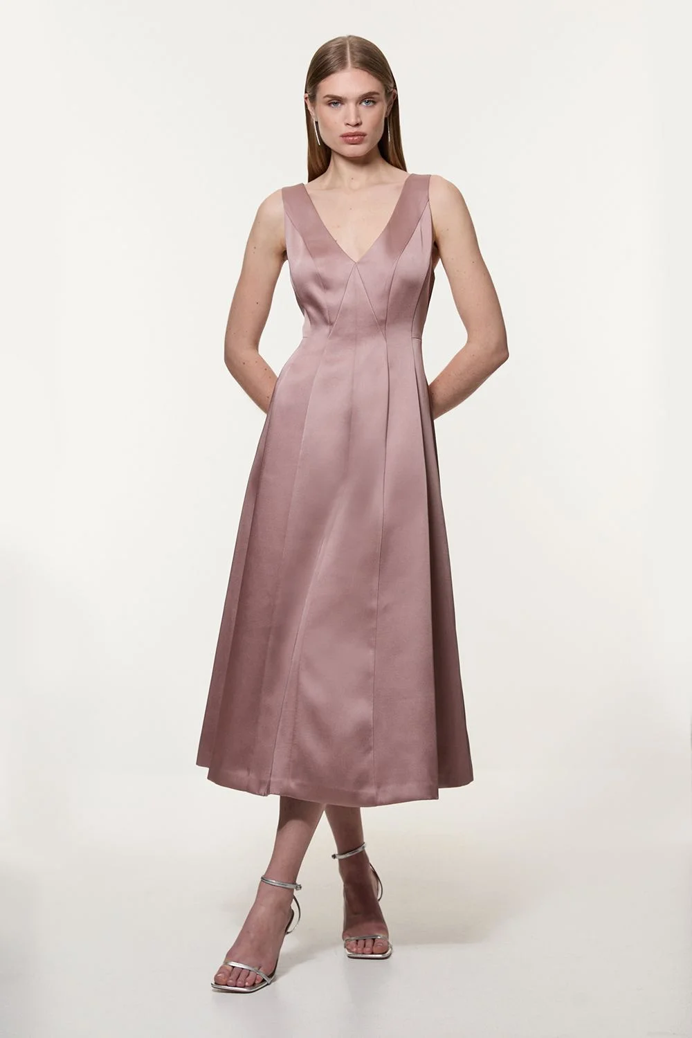 Viscose Satin Structured Tailored Seam Detail Midi Dress - 1