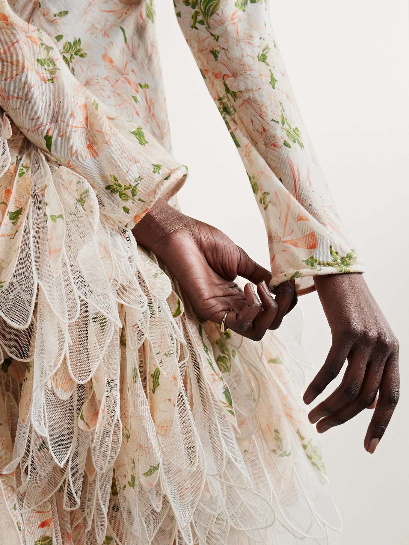 Natura asymmetric tulle-trimmed floral-print linen and silk-blend maxi dress - 6